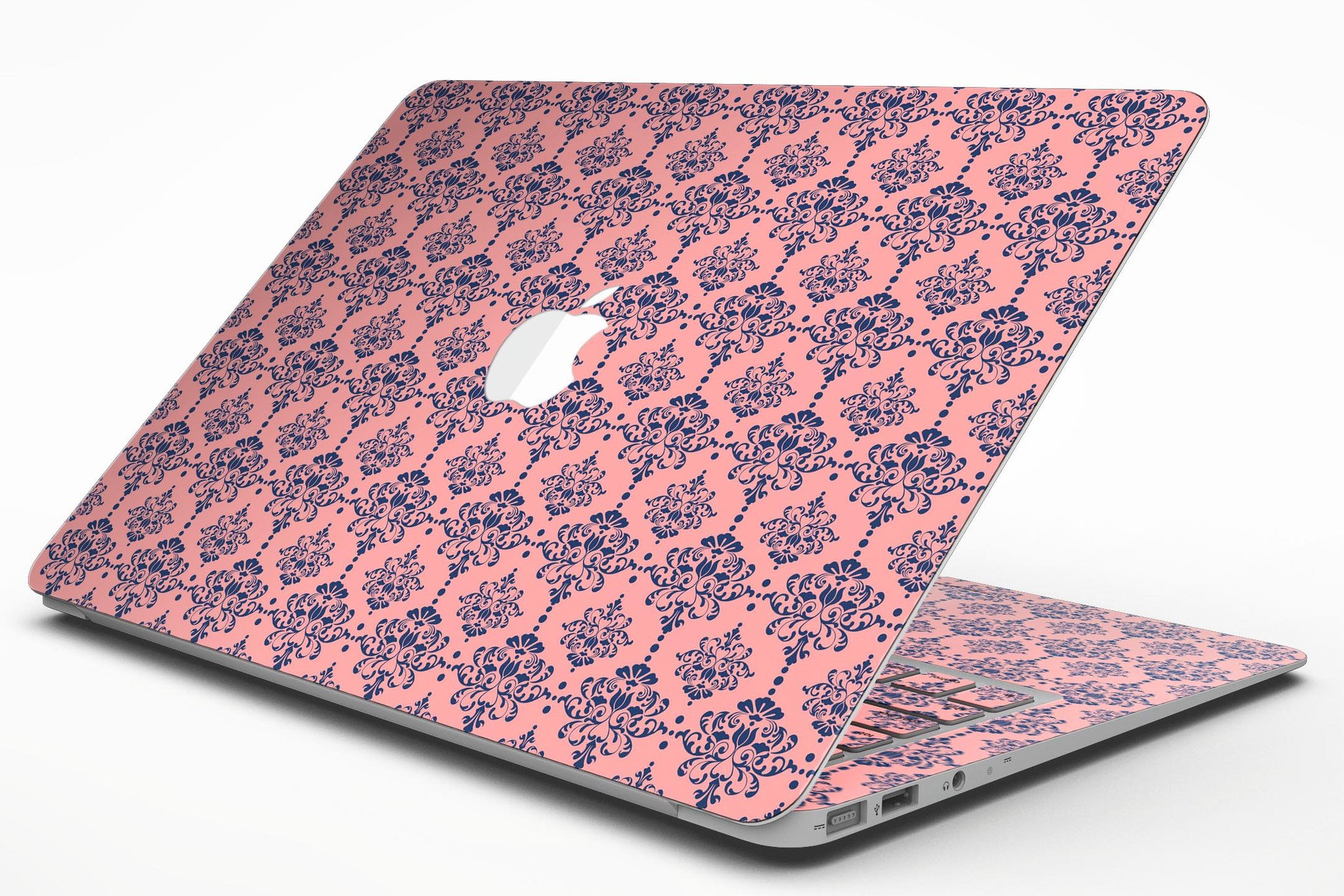 Coral and Navy Damask Pattern MacBook Air Skin Kit showcasing stylish design and premium vinyl material.