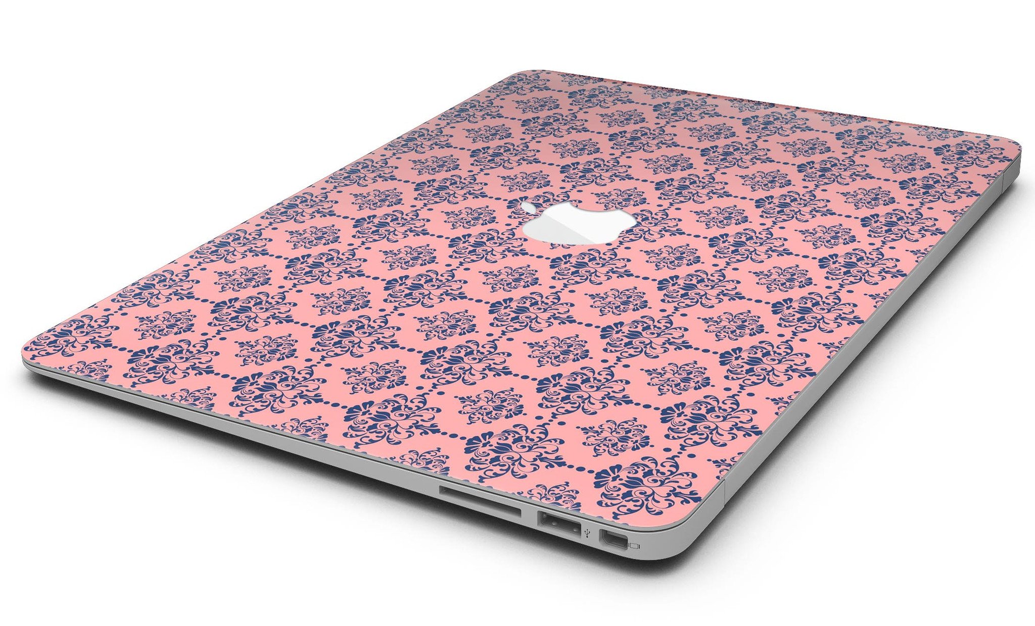 Coral and Navy Damask Pattern MacBook Air Skin Kit showcasing stylish design and premium vinyl material.