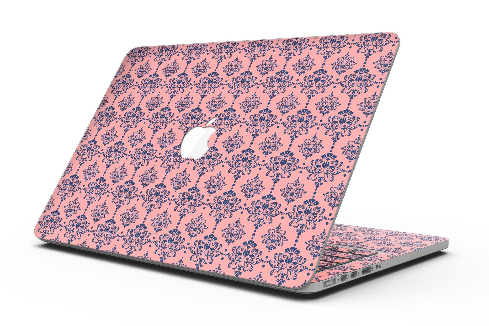 Coral and Navy Damask Pattern skin for MacBook Pro with Retina Display, showcasing vibrant colors and intricate design.