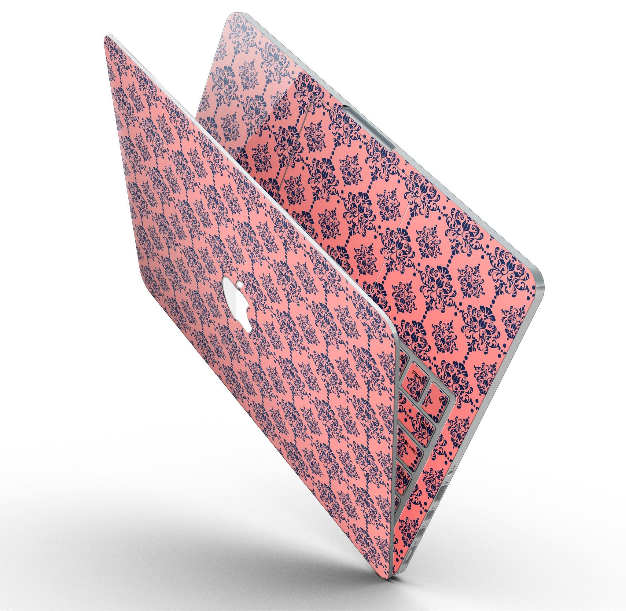 Coral and Navy Damask Pattern skin for MacBook Pro with Retina Display, showcasing vibrant colors and intricate design.