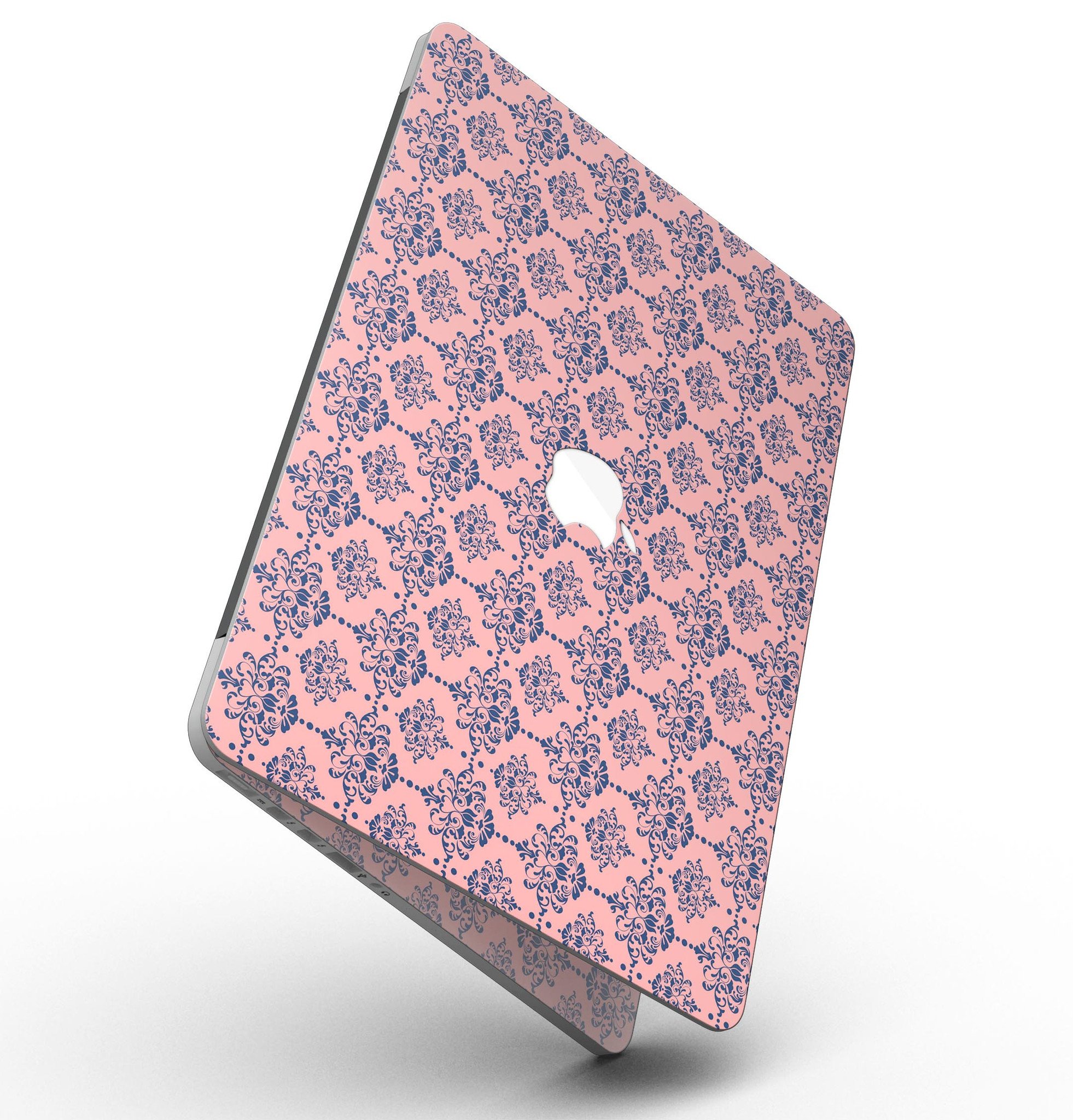 Coral and Navy Damask Pattern skin for MacBook Pro with Retina Display, showcasing vibrant colors and intricate design.