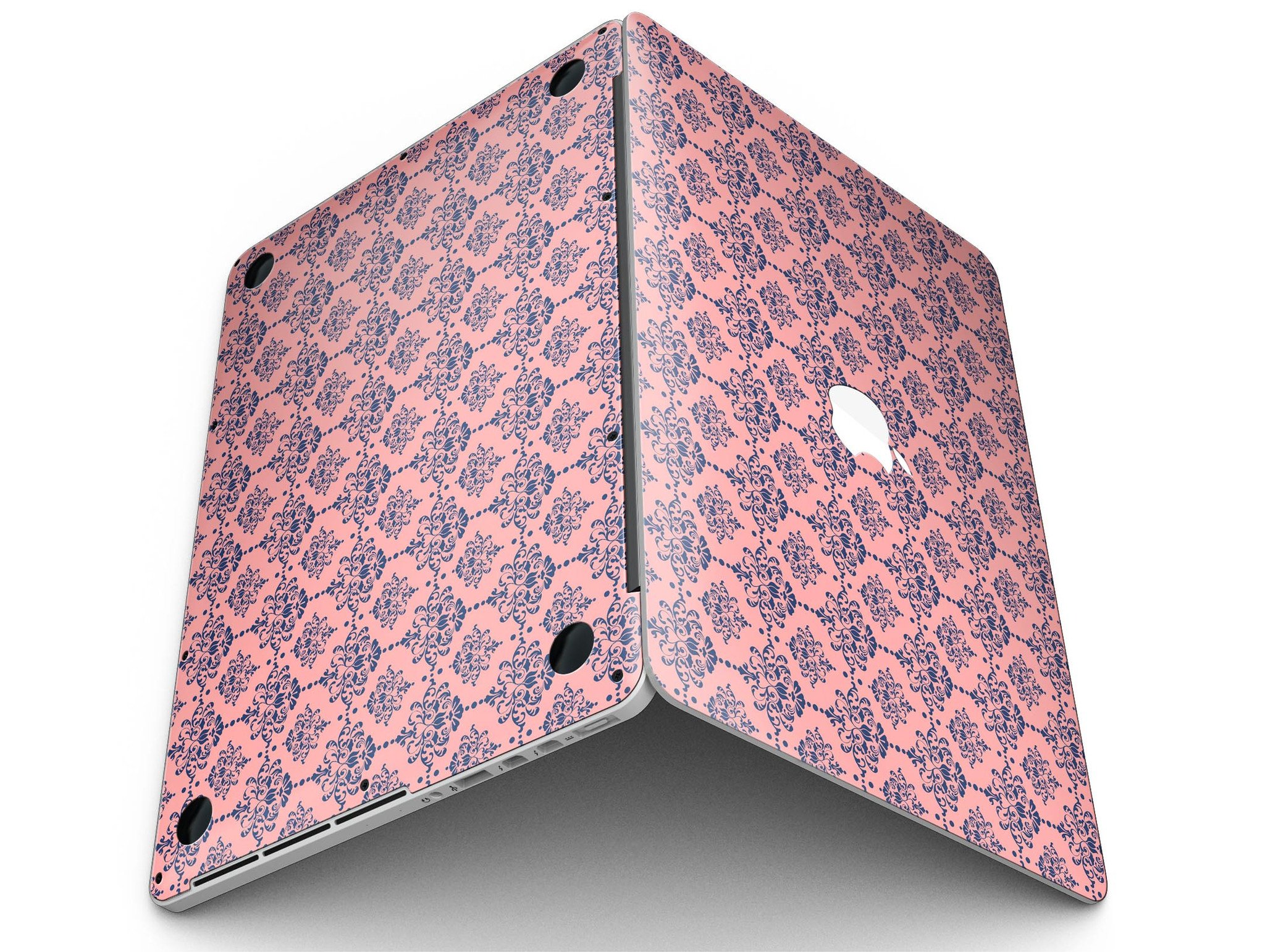 Coral and Navy Damask Pattern skin for MacBook Pro with Retina Display, showcasing vibrant colors and intricate design.