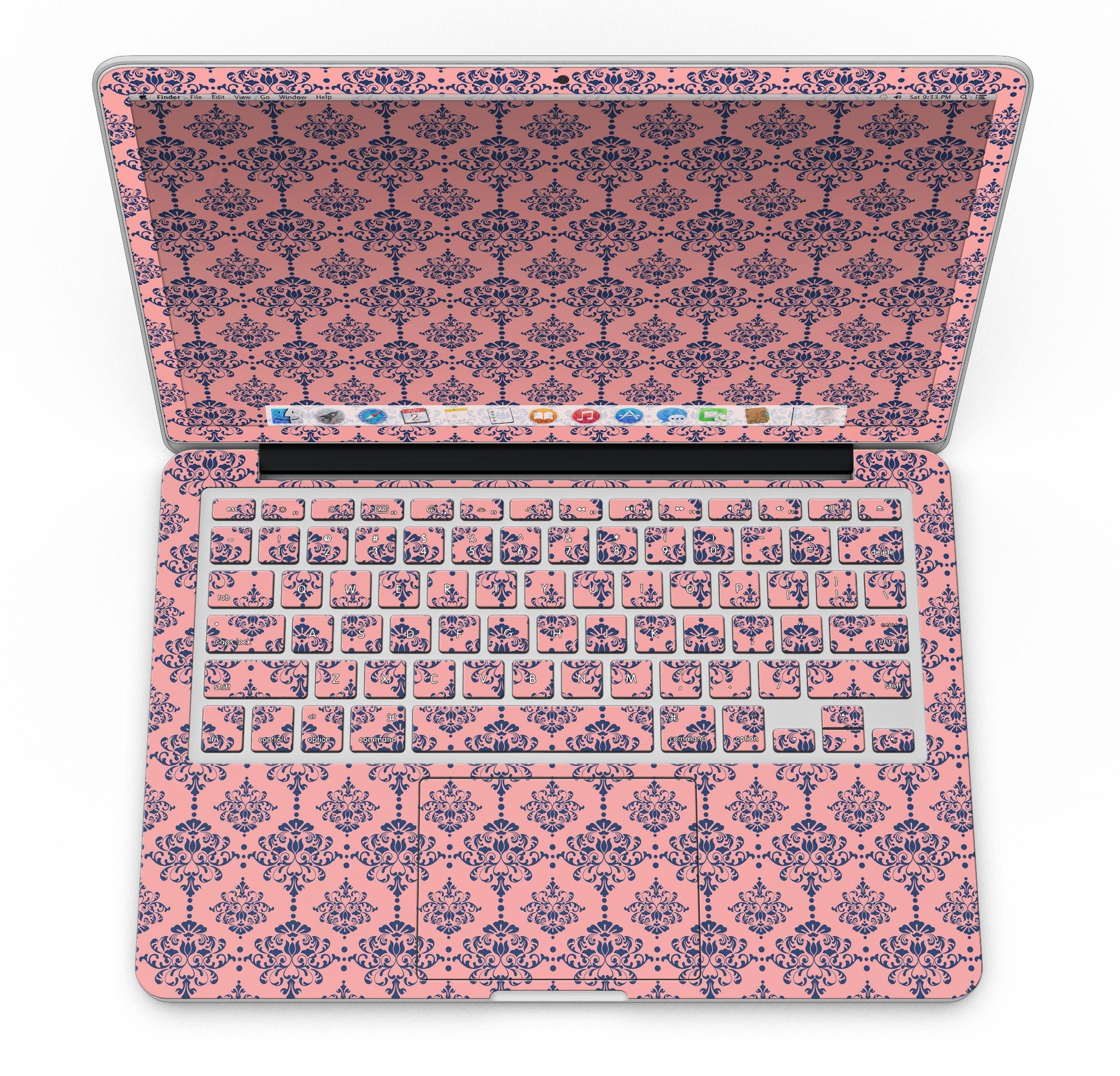 Coral and Navy Damask Pattern skin for MacBook Pro with Retina Display, showcasing vibrant colors and intricate design.