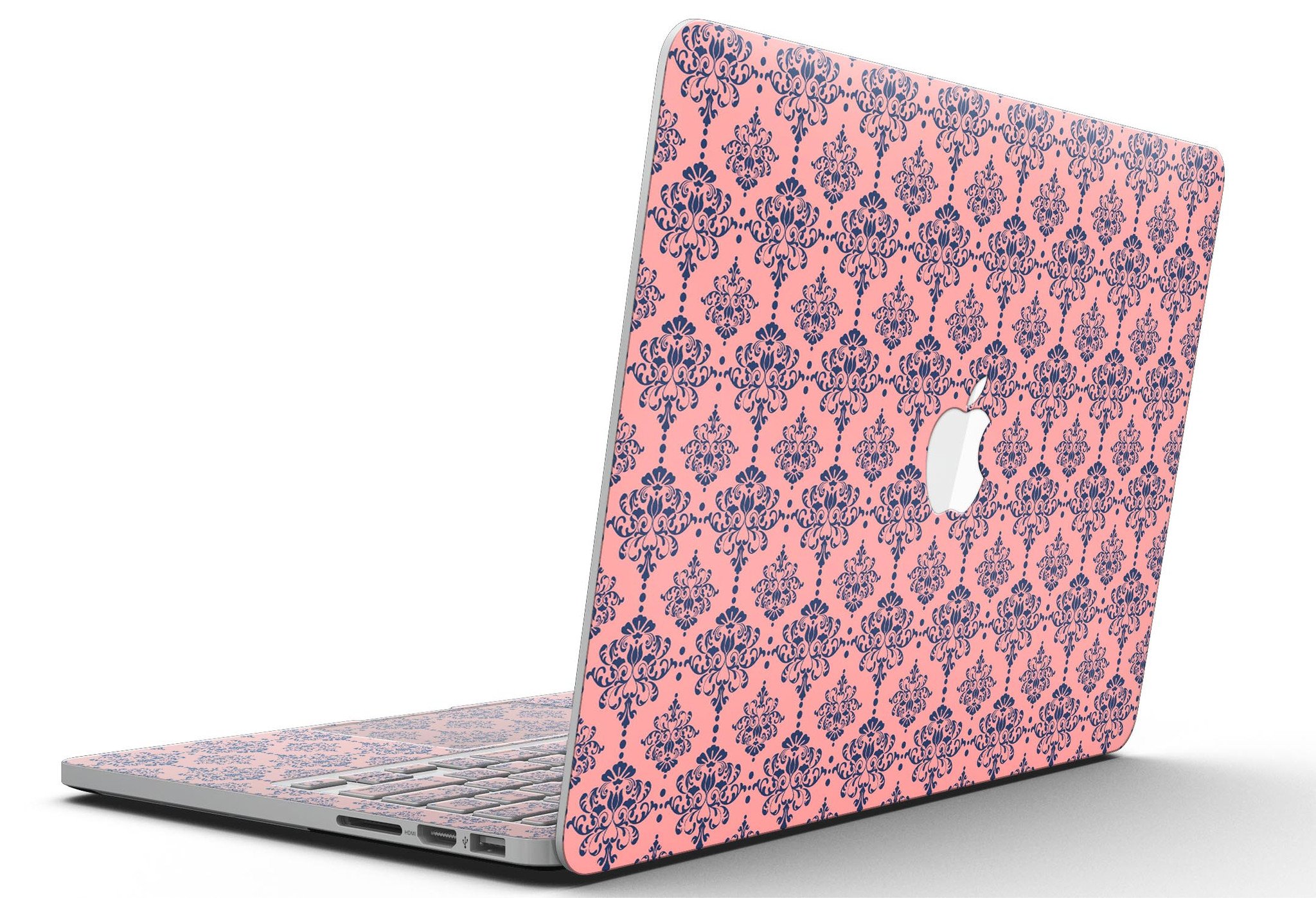 Coral and Navy Damask Pattern skin for MacBook Pro with Retina Display, showcasing vibrant colors and intricate design.