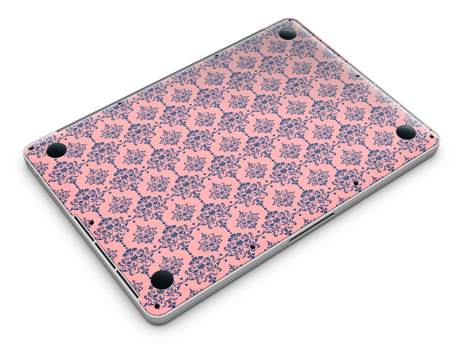 Coral and Navy Damask Pattern skin for MacBook Pro with Retina Display, showcasing vibrant colors and intricate design.