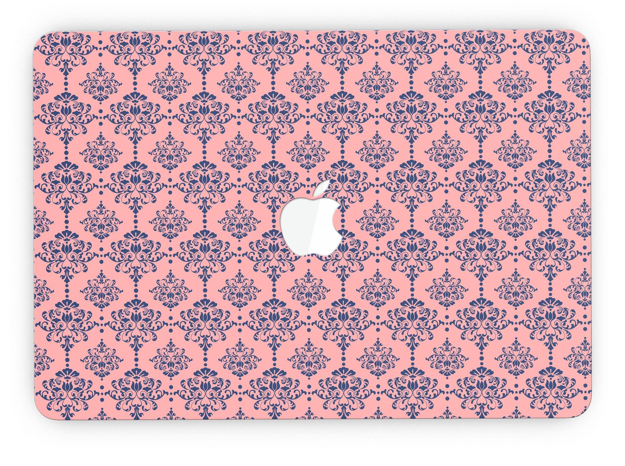 Coral and Navy Damask Pattern skin for MacBook Pro with Retina Display, showcasing vibrant colors and intricate design.