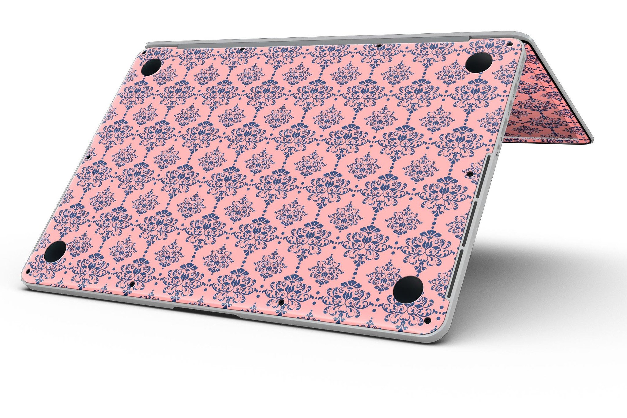 Coral and Navy Damask Pattern skin for MacBook Pro with Retina Display, showcasing vibrant colors and intricate design.