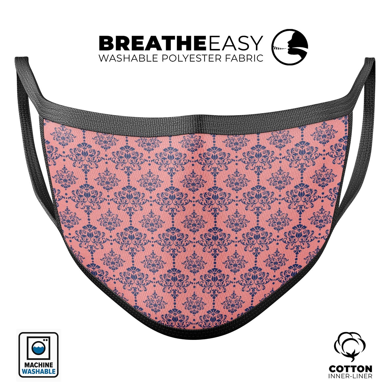 Coral and navy damask pattern reusable mouth cover, showcasing adjustable ear loops and soft cotton interior.