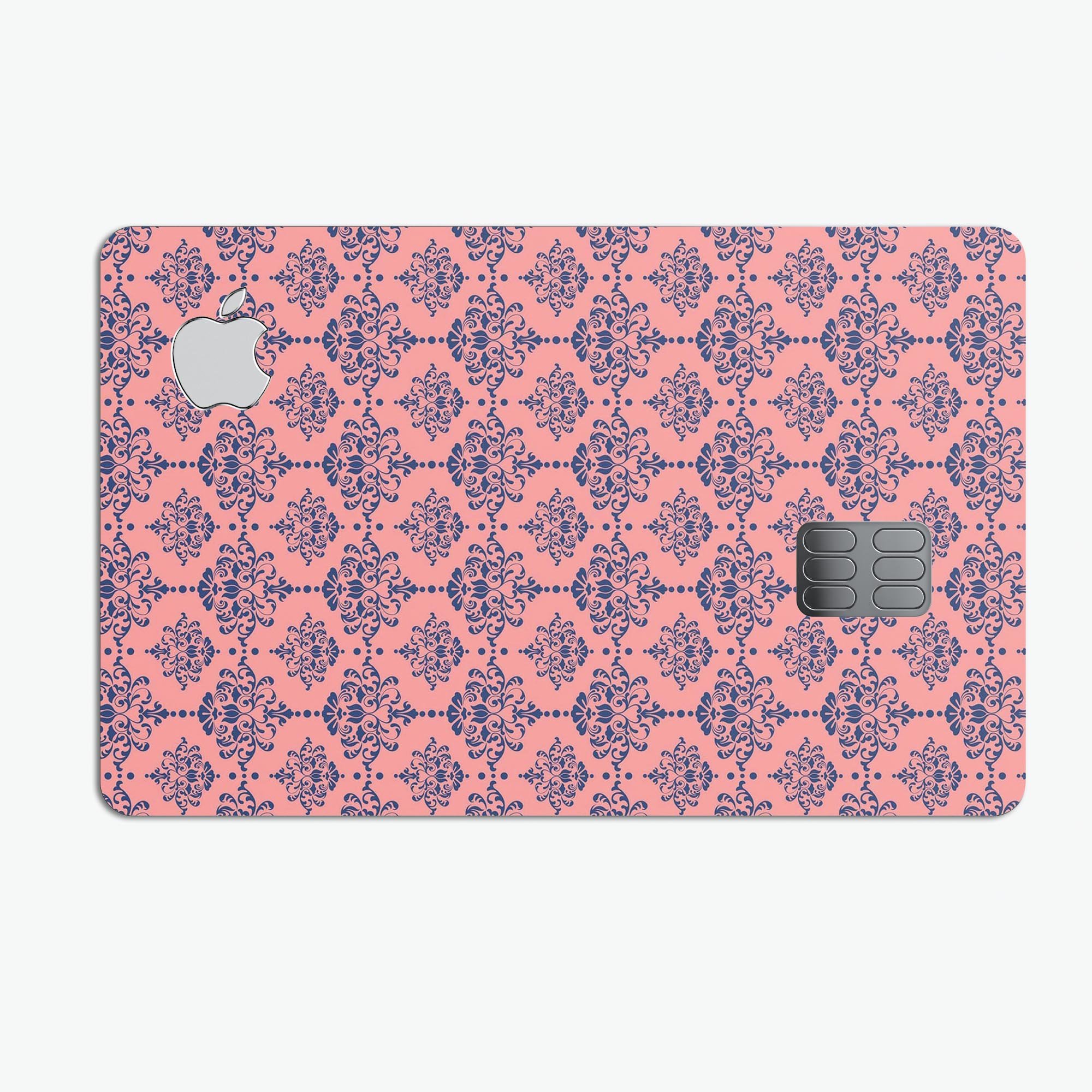 Coral and navy damask pattern protective decal skin for Apple Card, showcasing intricate design and premium quality.