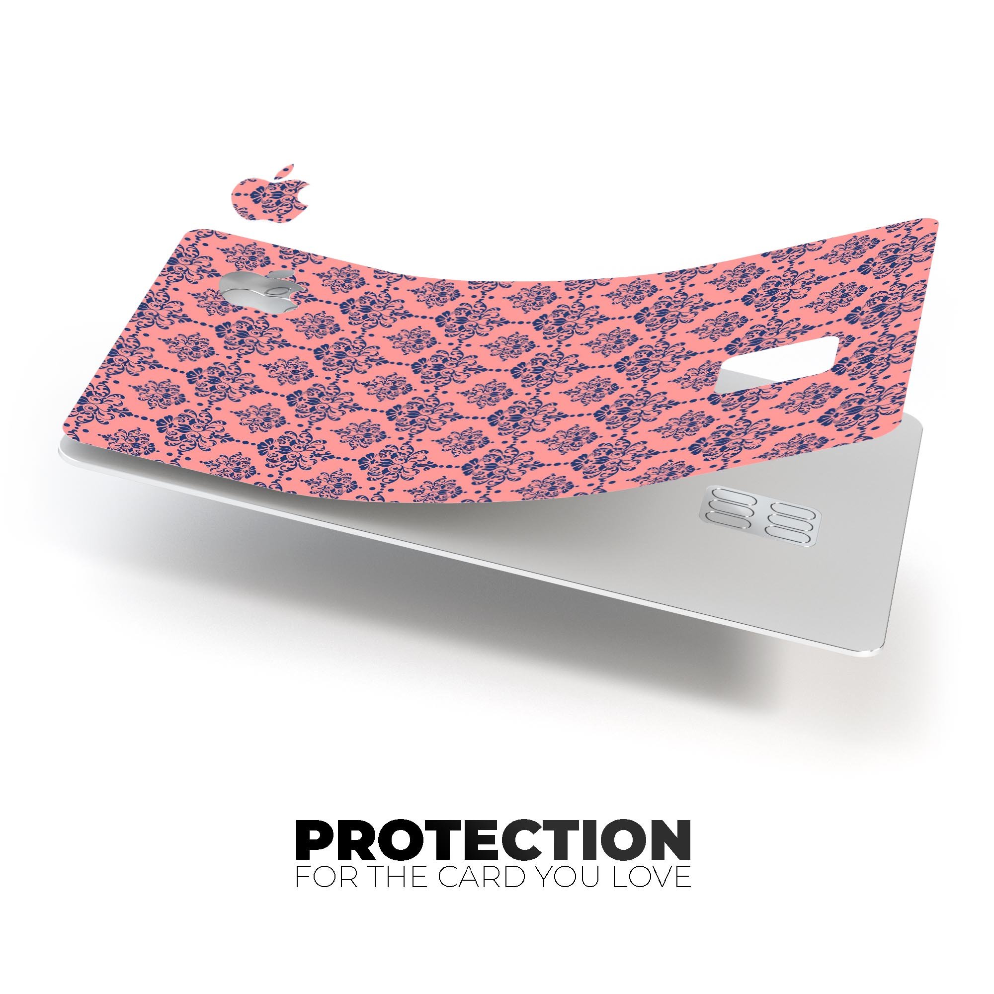 Coral and navy damask pattern protective decal skin for Apple Card, showcasing intricate design and premium quality.