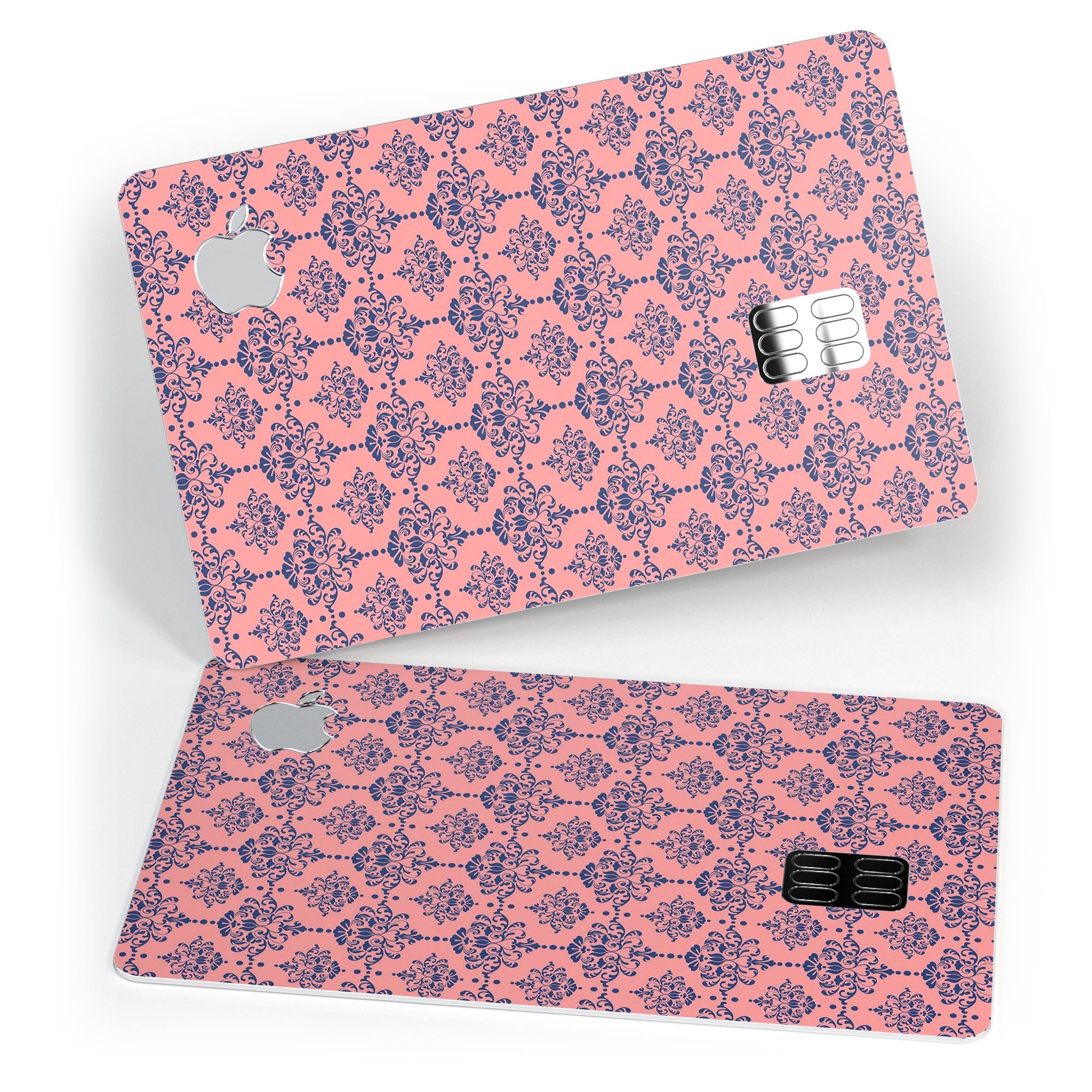 Coral and navy damask pattern protective decal skin for Apple Card, showcasing intricate design and premium quality.