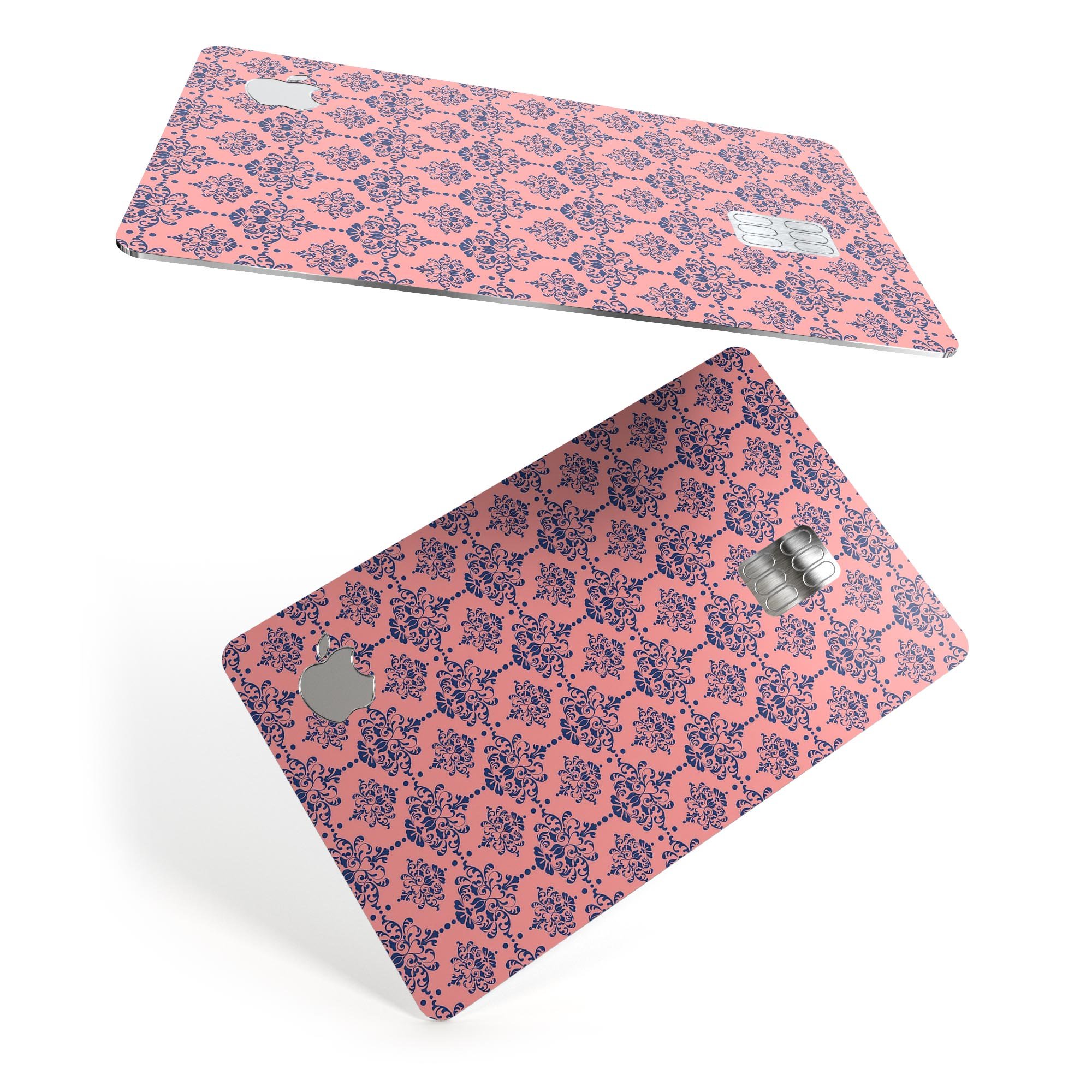 Coral and navy damask pattern protective decal skin for Apple Card, showcasing intricate design and premium quality.