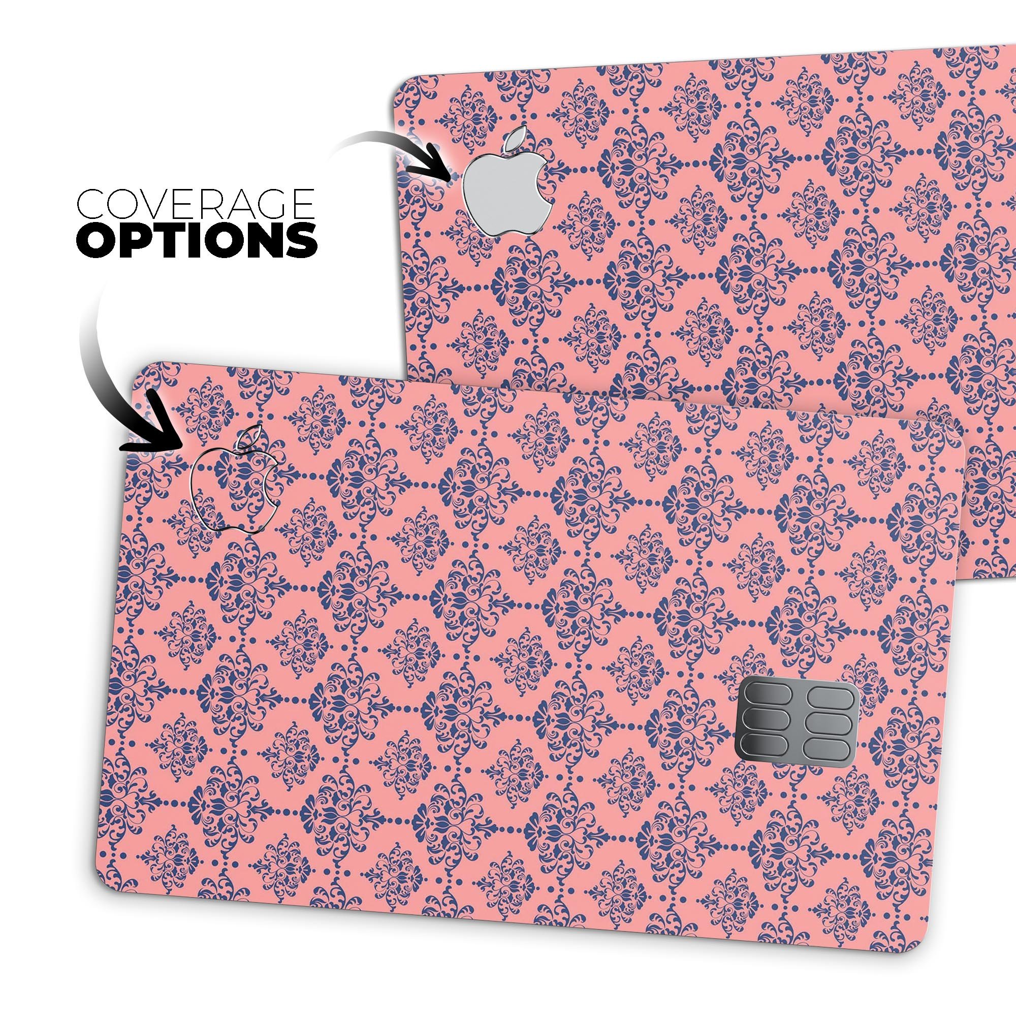 Coral and navy damask pattern protective decal skin for Apple Card, showcasing intricate design and premium quality.