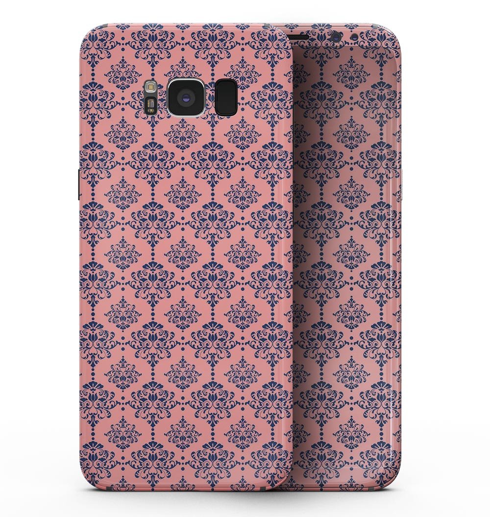 Coral and Navy Damask Pattern skin for Samsung Galaxy S8, showcasing vibrant colors and intricate design.