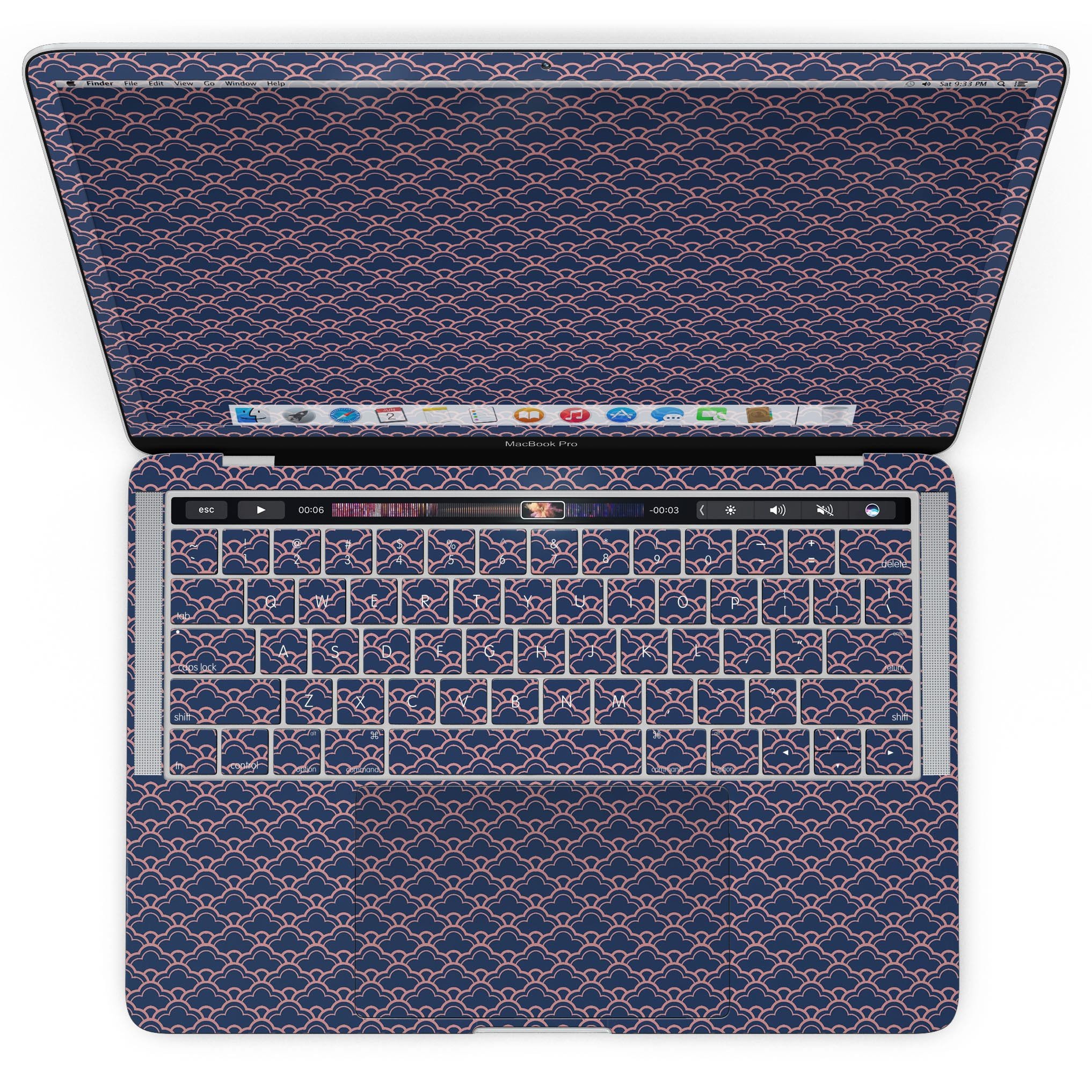 Coral and Navy Micro Cloud Pattern skin for MacBook Pro with Touch Bar, showcasing vibrant colors and a sleek design.