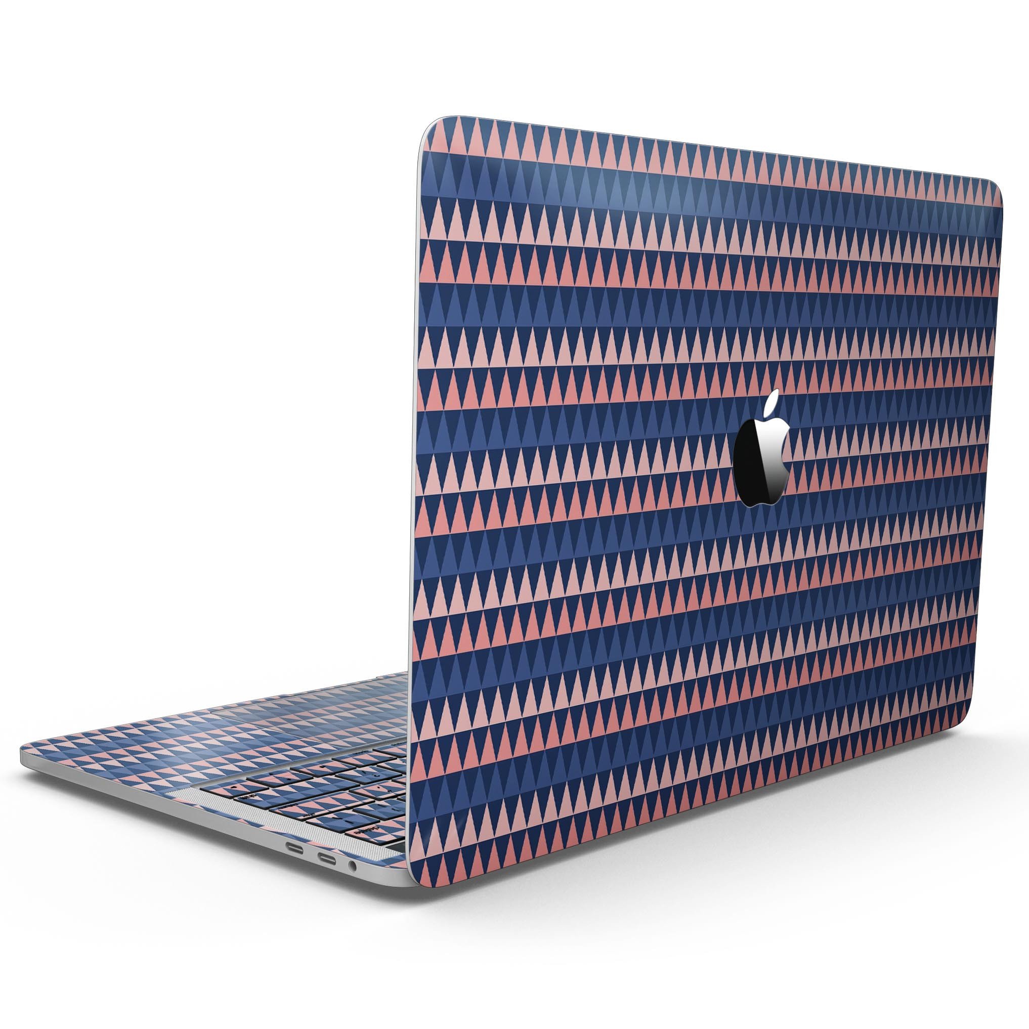 Coral and Navy Micro Triangles skin for 13" MacBook Pro without Touch Bar, showcasing vibrant geometric design.