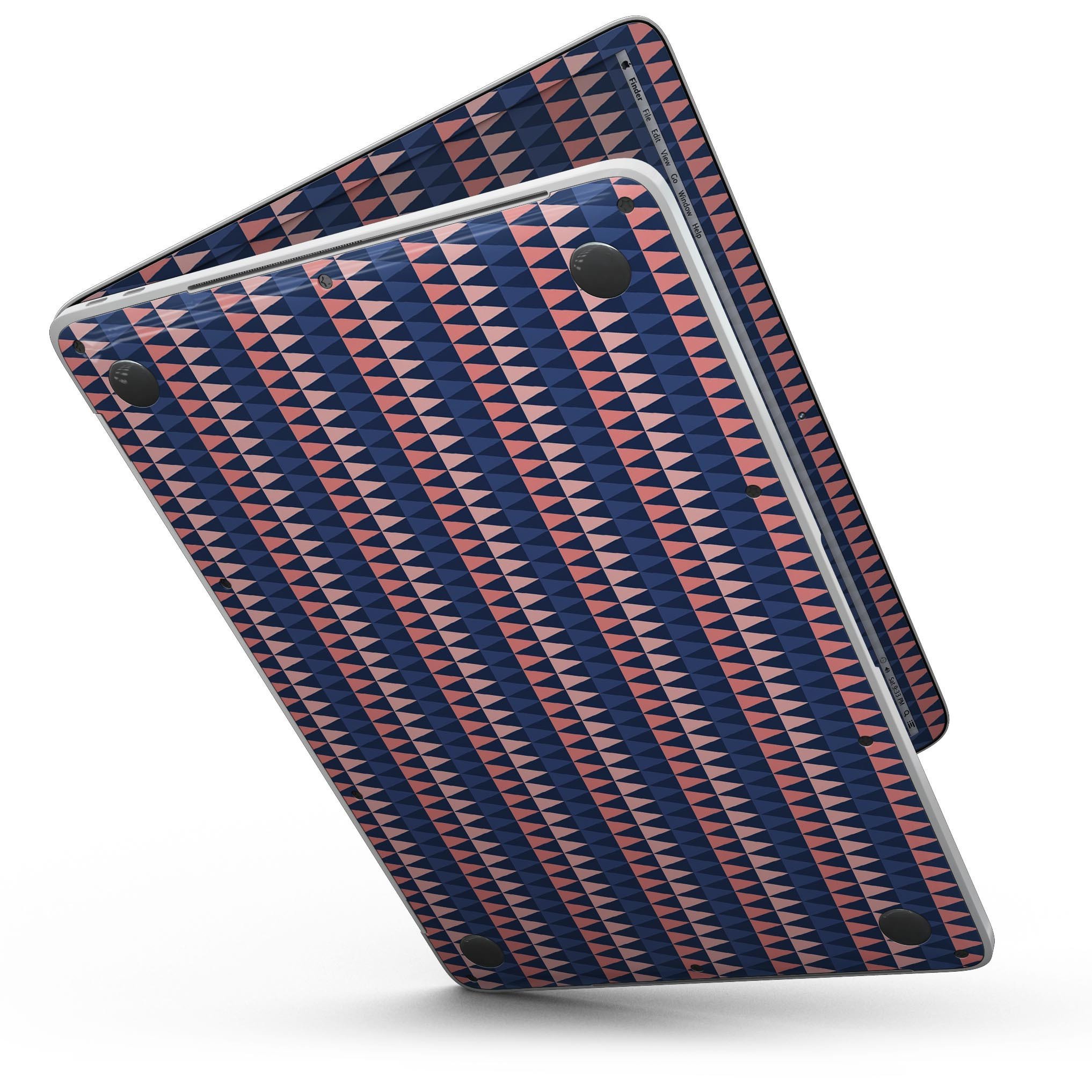 Coral and Navy Micro Triangles skin for 13" MacBook Pro without Touch Bar, showcasing vibrant geometric design.