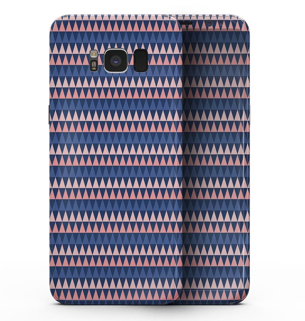 Coral and navy micro triangles full-body skin kit for Samsung Galaxy S8, showcasing vibrant geometric patterns.