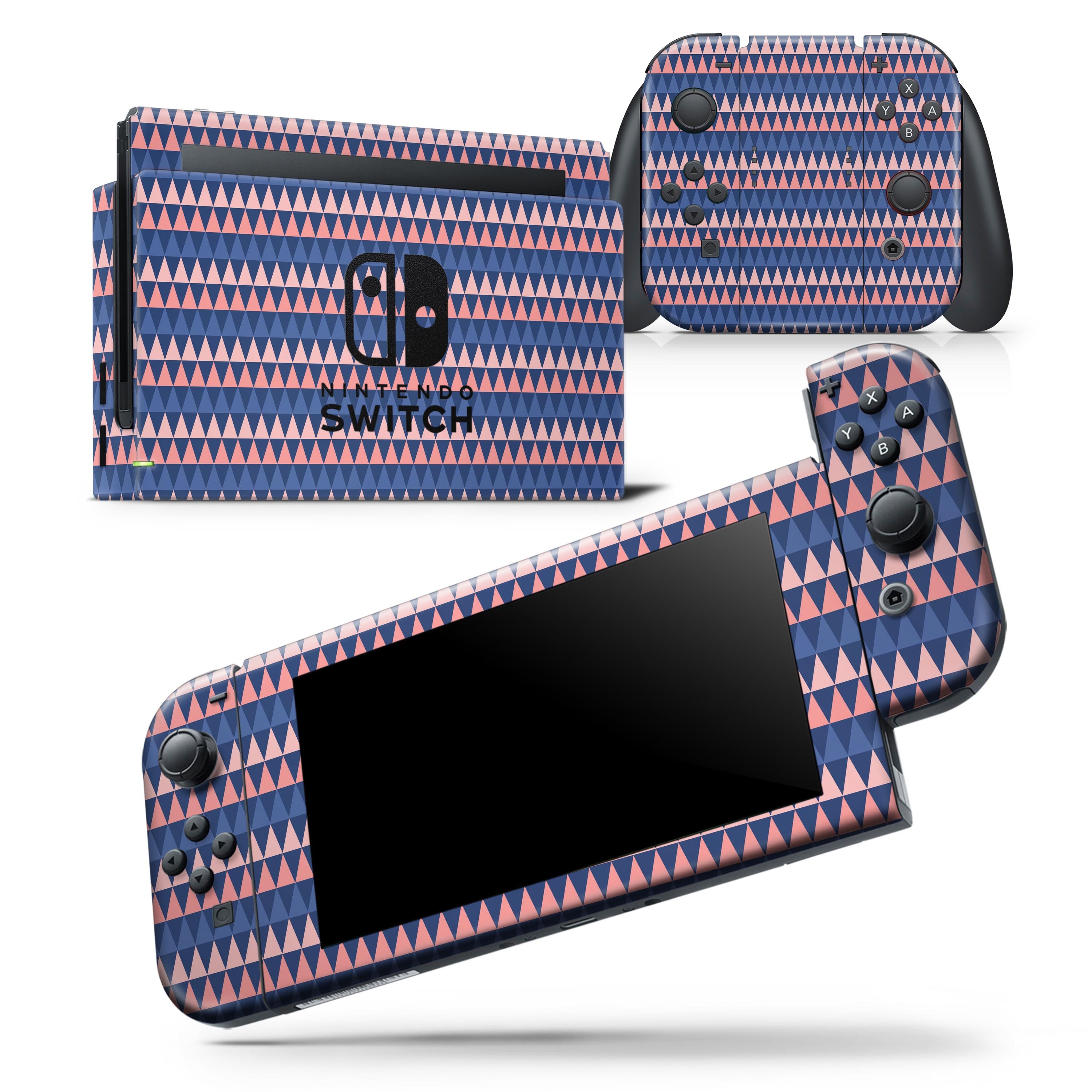 Coral and Navy Micro Triangles skin wrap decal for Nintendo Switch, showcasing vibrant colors and precise fit on the console and controllers.