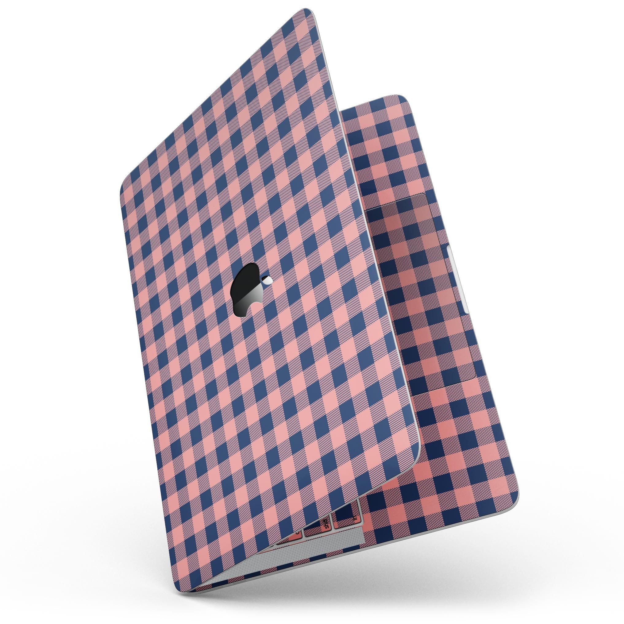 Coral and navy plaid pattern skin for a 13-inch MacBook Pro without Touch Bar, showcasing vibrant colors and a sleek design.