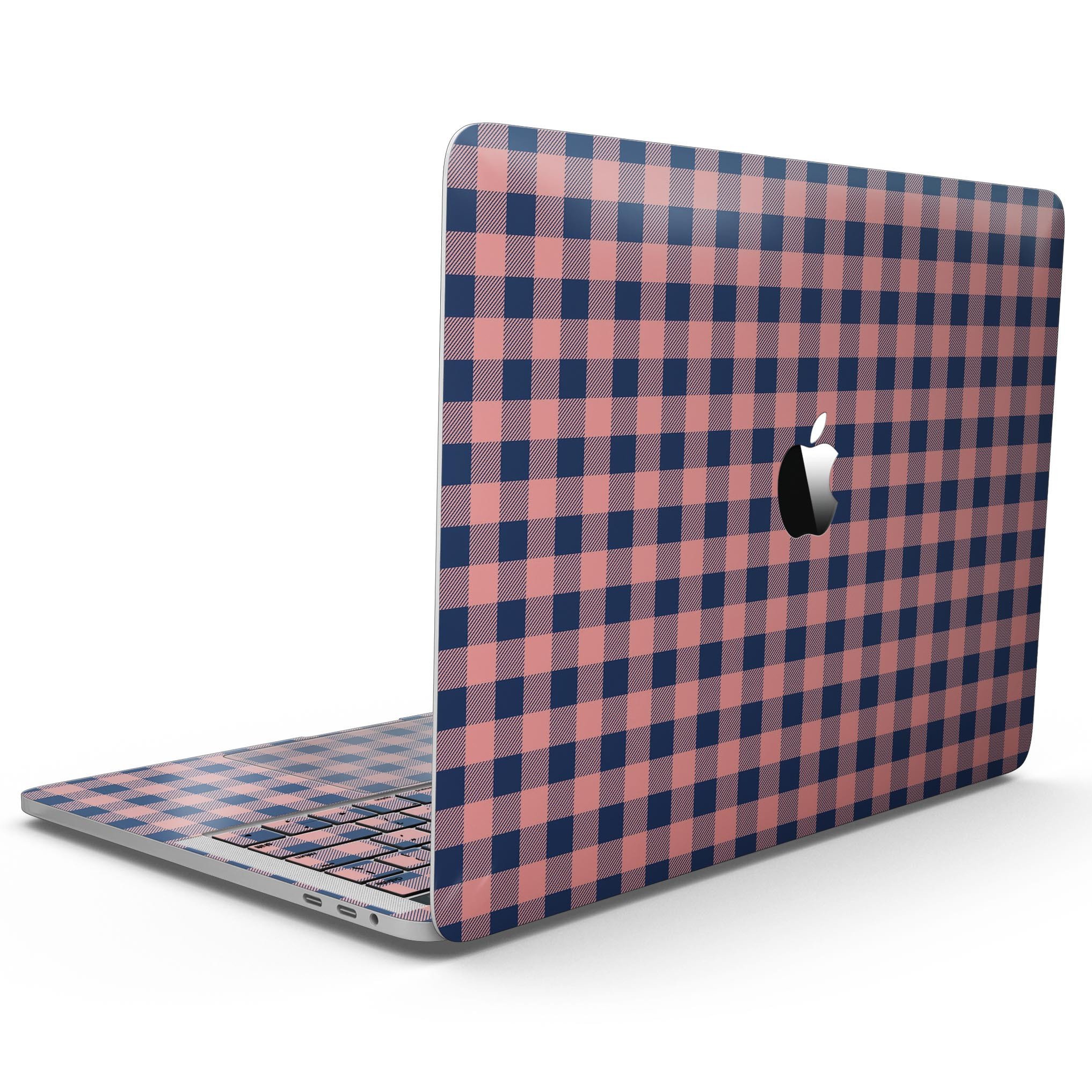 Coral and navy plaid pattern skin for a 13-inch MacBook Pro without Touch Bar, showcasing vibrant colors and a sleek design.