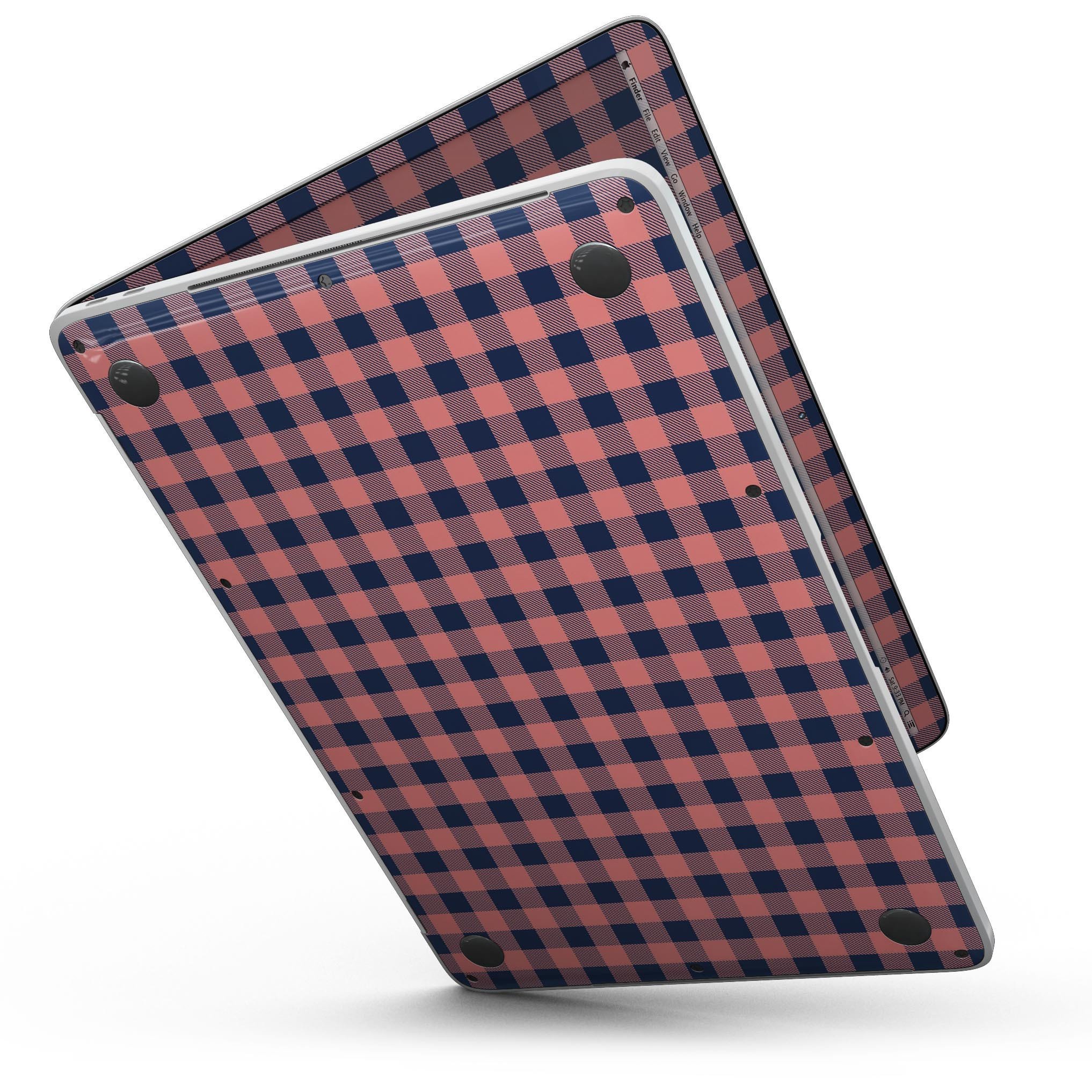 Coral and navy plaid pattern skin for a 13-inch MacBook Pro without Touch Bar, showcasing vibrant colors and a sleek design.