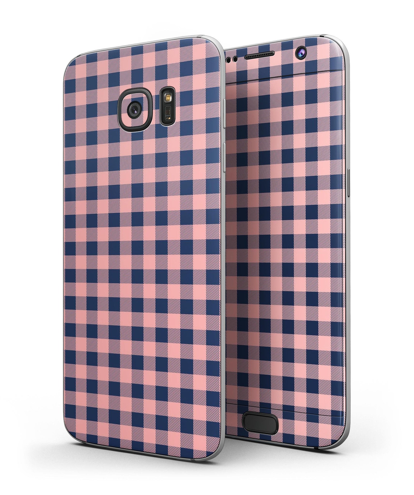 Coral and navy plaid pattern skin kit for Samsung Galaxy S7 and S7 Edge, showcasing a stylish design with full-body coverage.