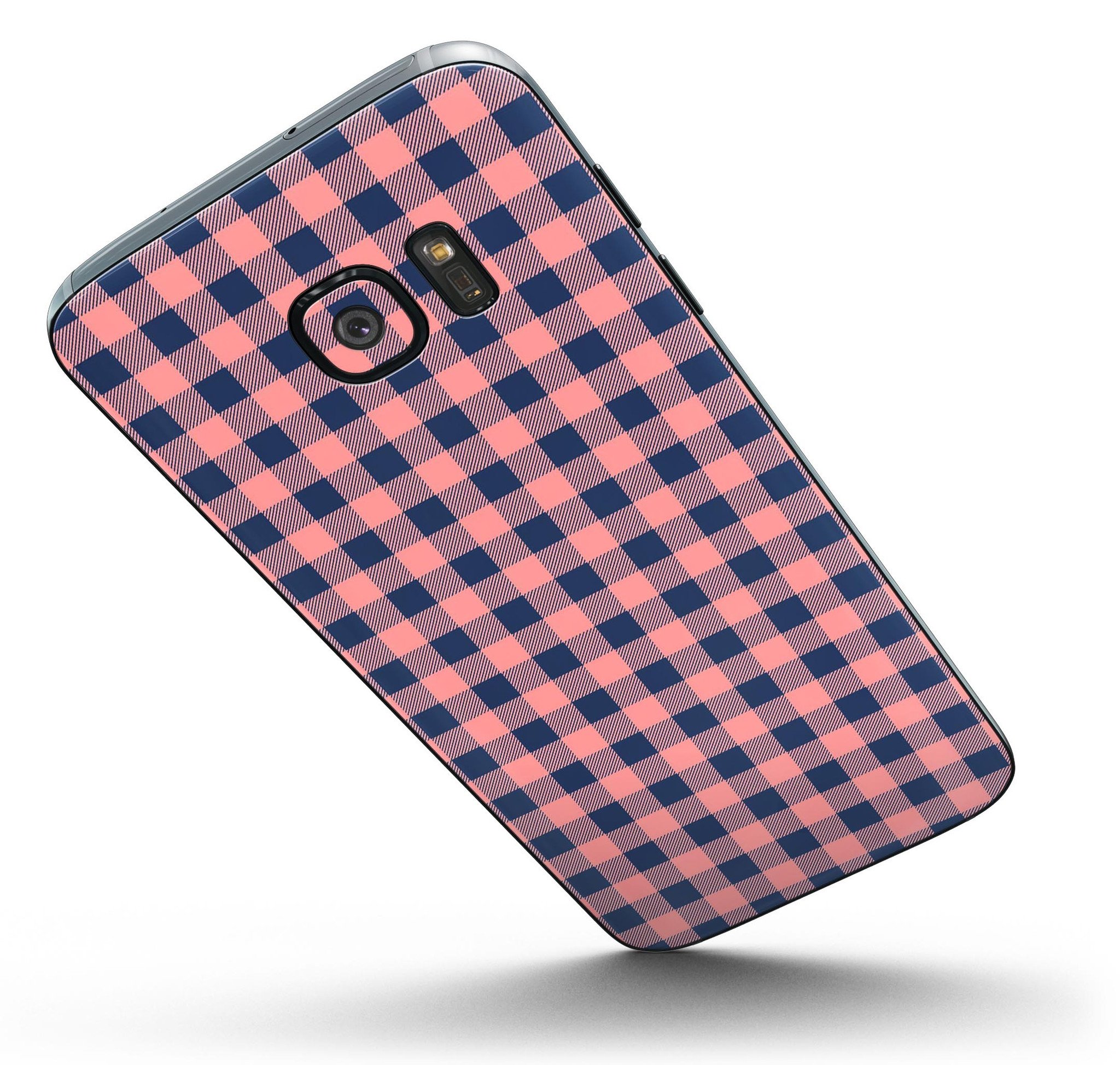 Coral and navy plaid pattern skin kit for Samsung Galaxy S7 and S7 Edge, showcasing a stylish design with full-body coverage.