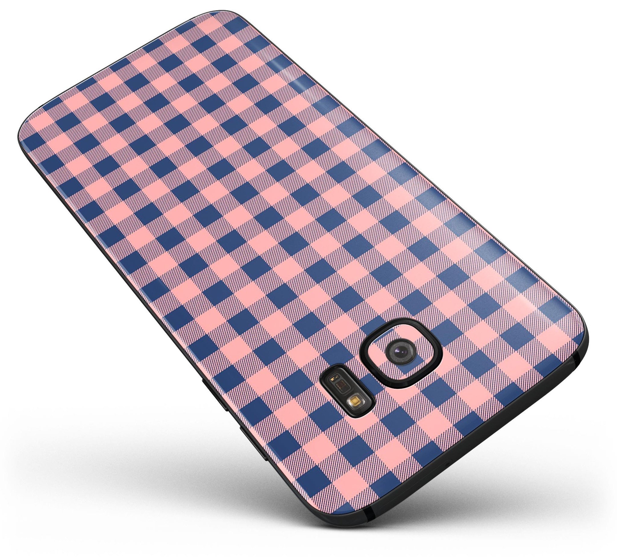 Coral and navy plaid pattern skin kit for Samsung Galaxy S7 and S7 Edge, showcasing a stylish design with full-body coverage.