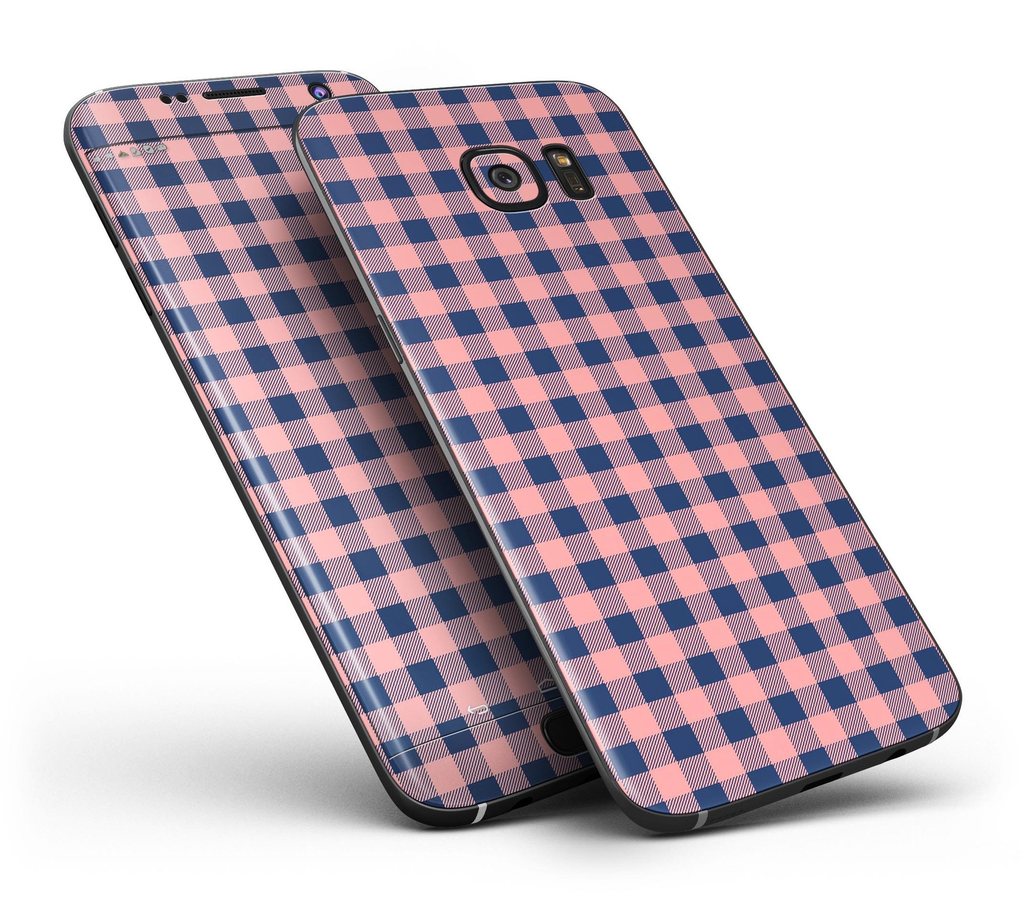 Coral and navy plaid pattern skin kit for Samsung Galaxy S7 and S7 Edge, showcasing a stylish design with full-body coverage.