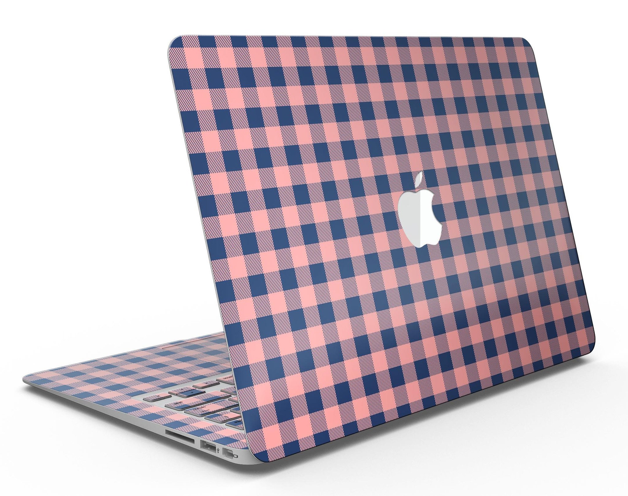 Coral and navy plaid pattern skin kit for MacBook Air, showcasing vibrant colors and stylish design.