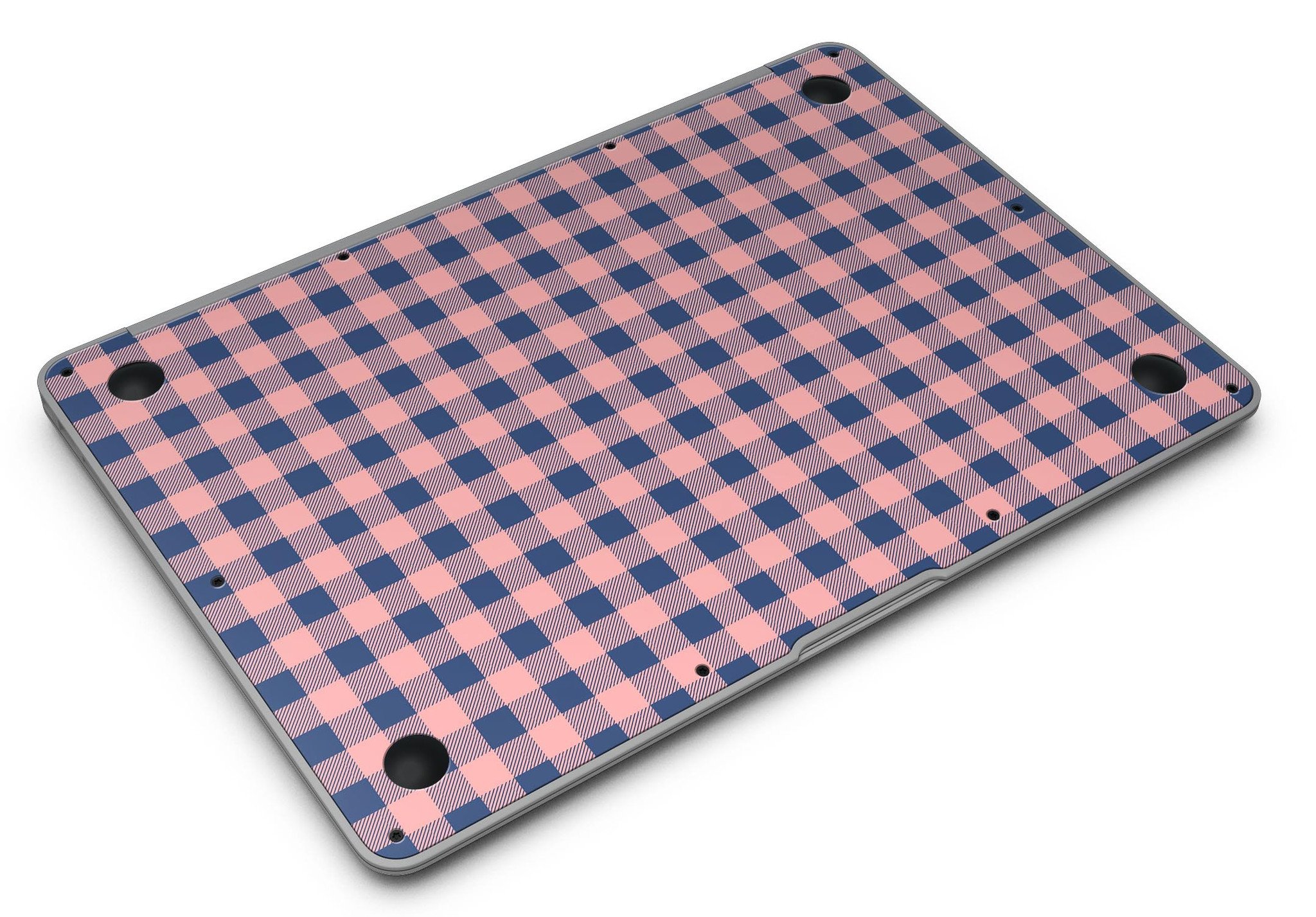 Coral and navy plaid pattern skin kit for MacBook Air, showcasing vibrant colors and stylish design.