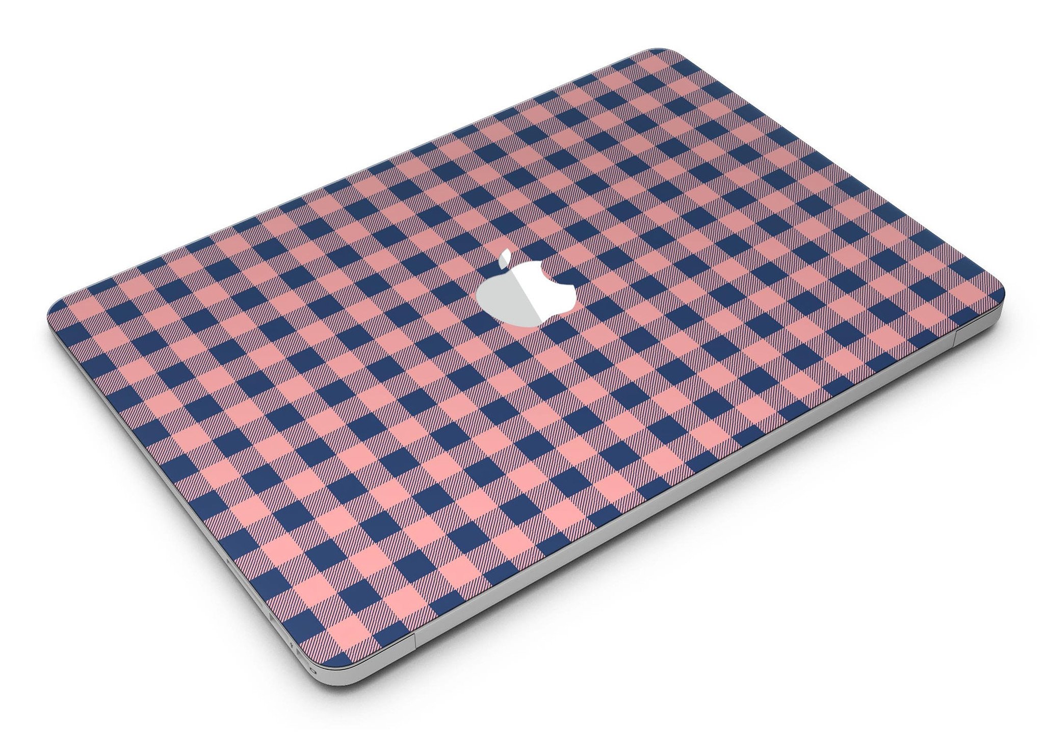 Coral and navy plaid pattern skin kit for MacBook Air, showcasing vibrant colors and stylish design.