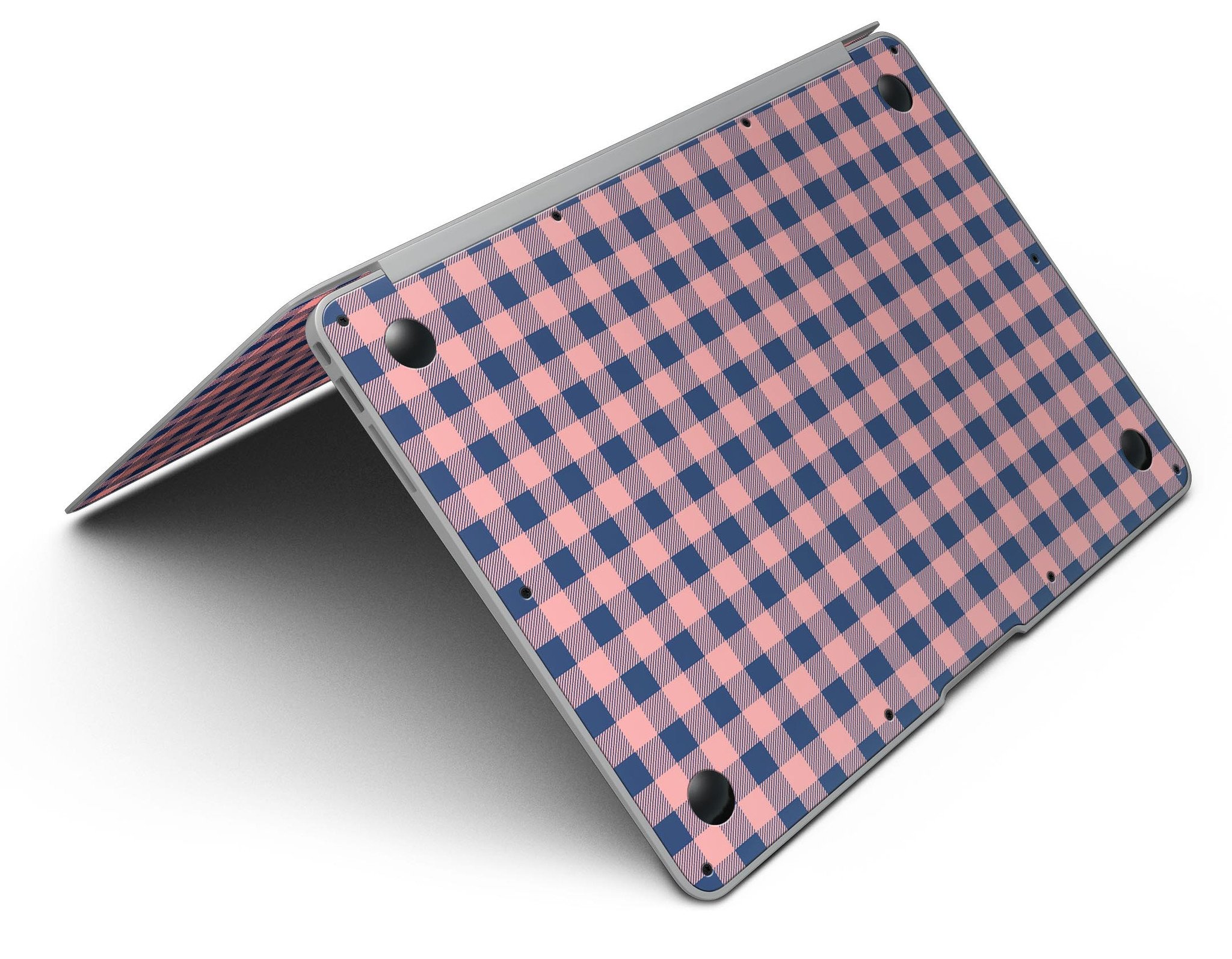 Coral and navy plaid pattern skin kit for MacBook Air, showcasing vibrant colors and stylish design.