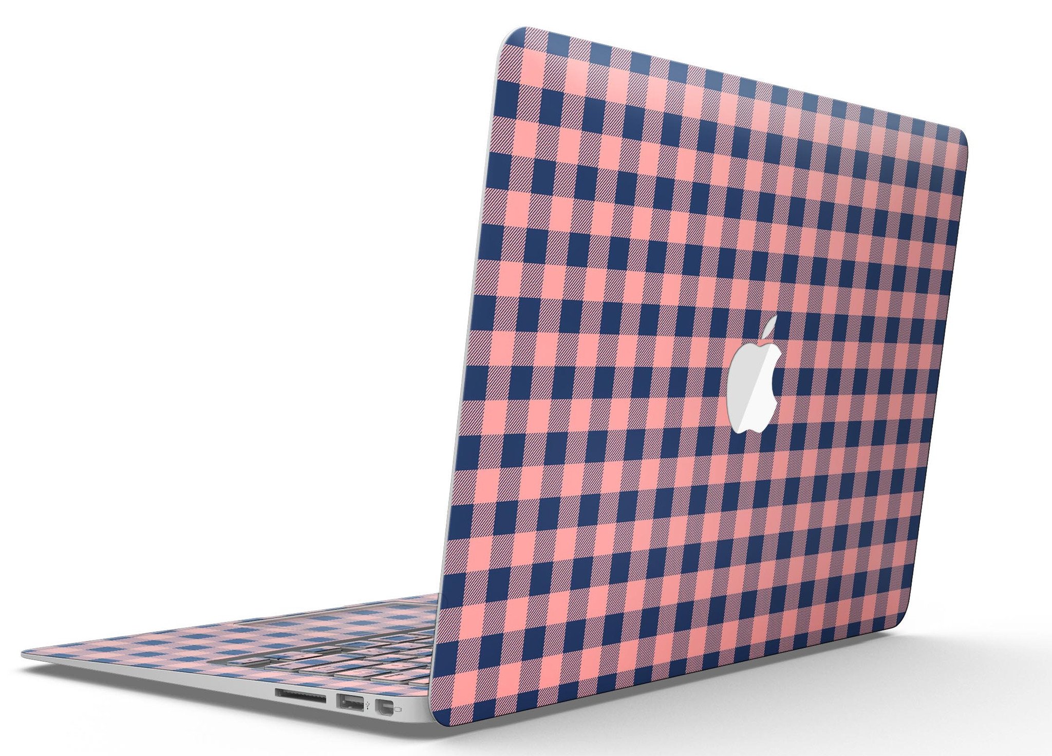 Coral and navy plaid pattern skin kit for MacBook Air, showcasing vibrant colors and stylish design.