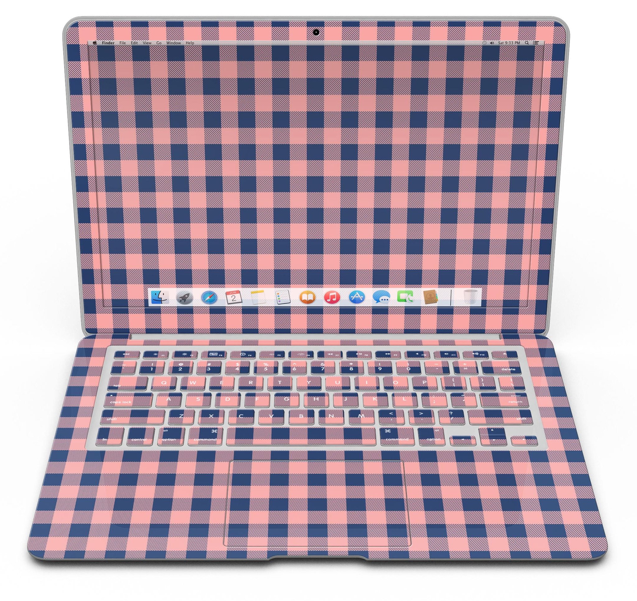 Coral and navy plaid pattern skin kit for MacBook Air, showcasing vibrant colors and stylish design.