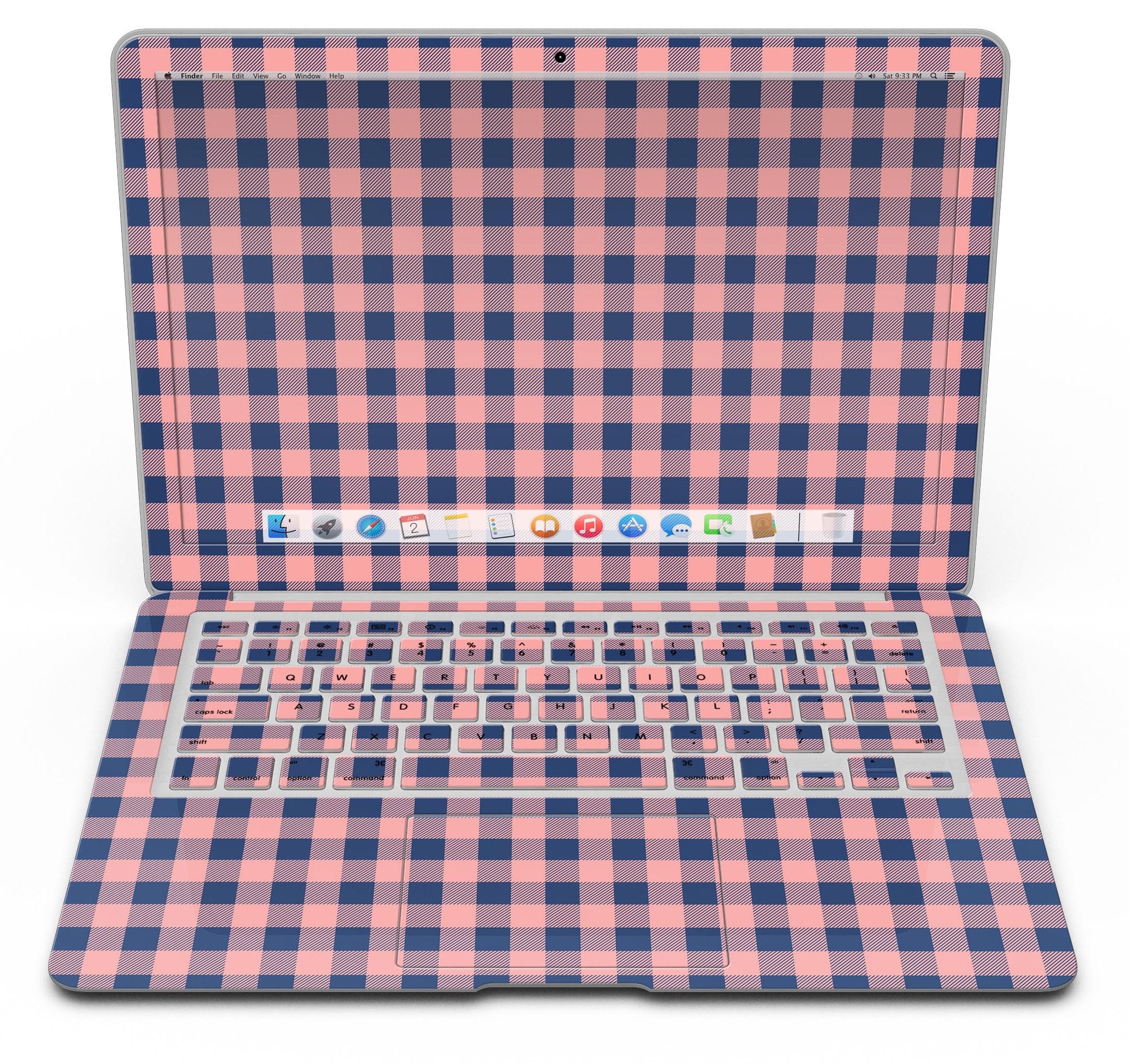 Coral and navy plaid pattern skin kit for MacBook Air, showcasing vibrant colors and stylish design.