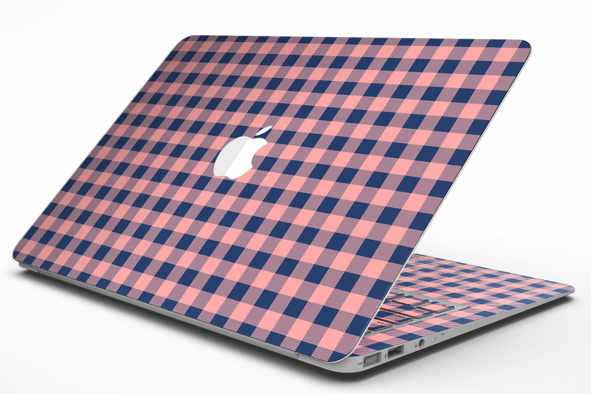 Coral and navy plaid pattern skin kit for MacBook Air, showcasing vibrant colors and stylish design.