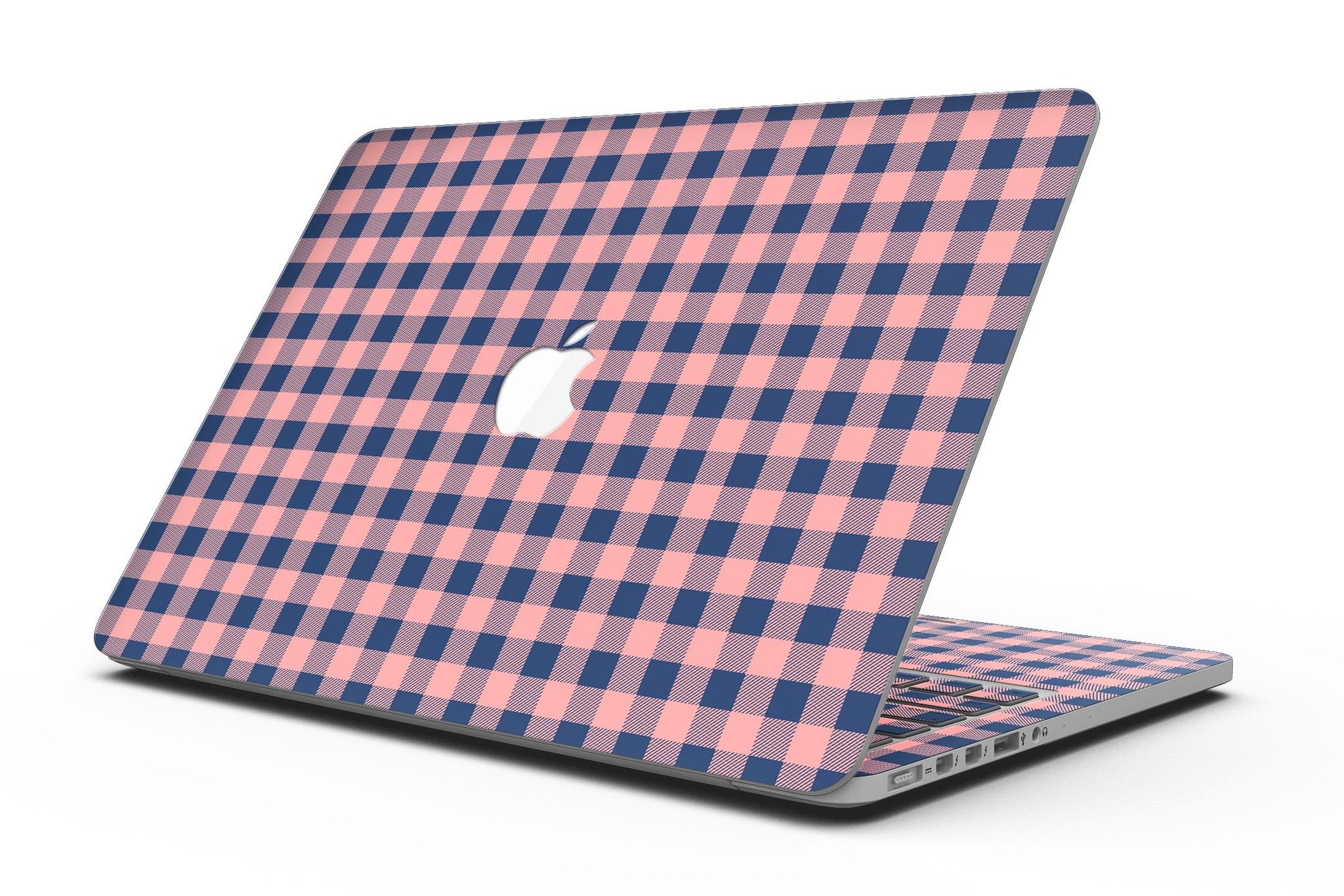 Coral and navy plaid pattern skin for MacBook Pro with Retina Display, showcasing vibrant colors and a stylish design.