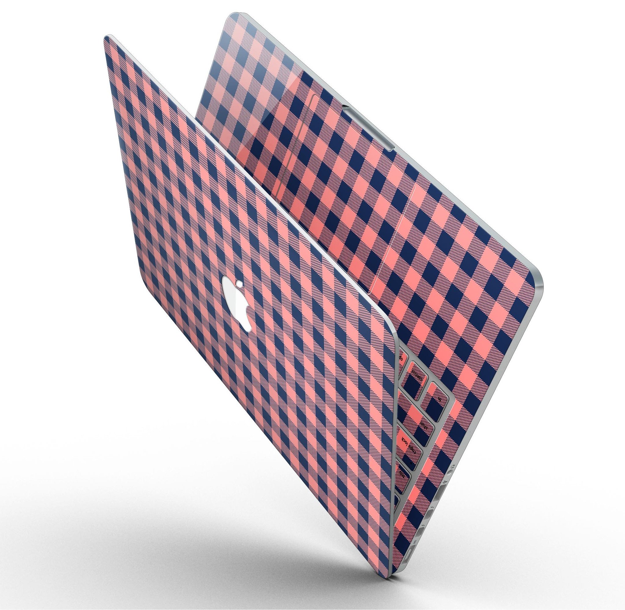 Coral and navy plaid pattern skin for MacBook Pro with Retina Display, showcasing vibrant colors and a stylish design.