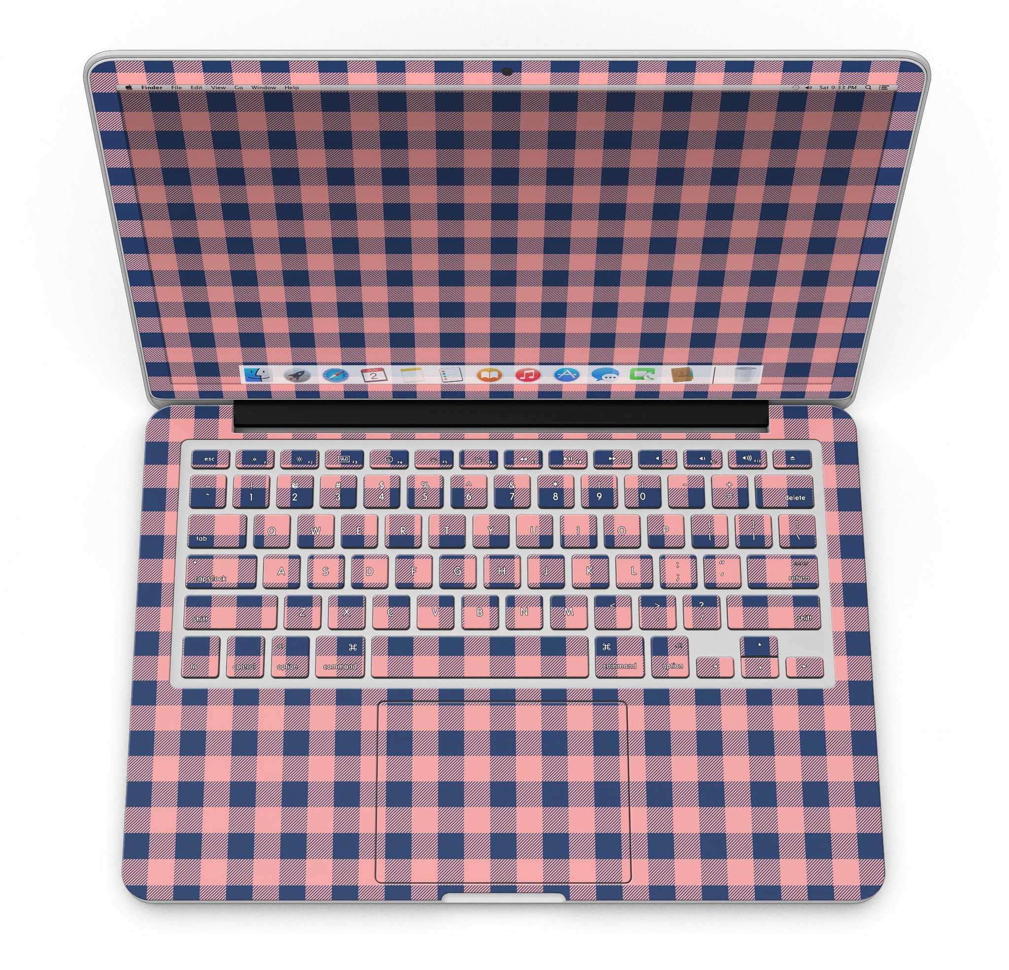 Coral and navy plaid pattern skin for MacBook Pro with Retina Display, showcasing vibrant colors and a stylish design.