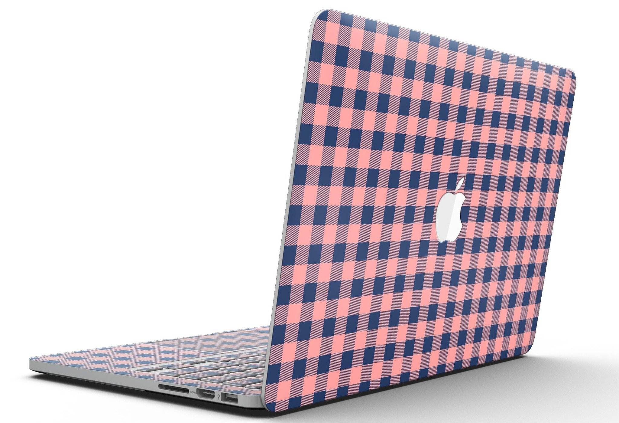 Coral and navy plaid pattern skin for MacBook Pro with Retina Display, showcasing vibrant colors and a stylish design.