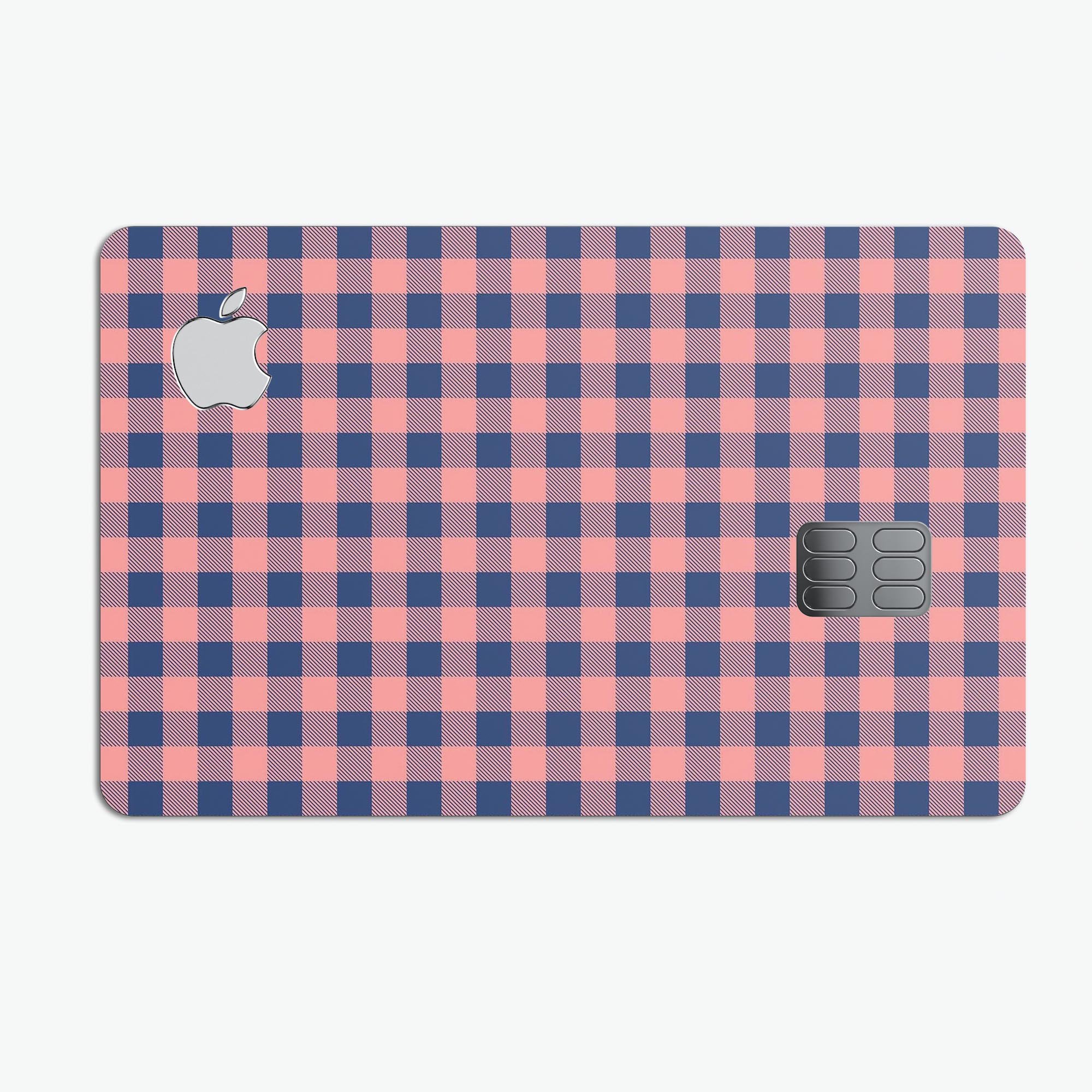 Coral and navy plaid pattern protective decal skin for Apple Card, showcasing its stylish design and premium quality.