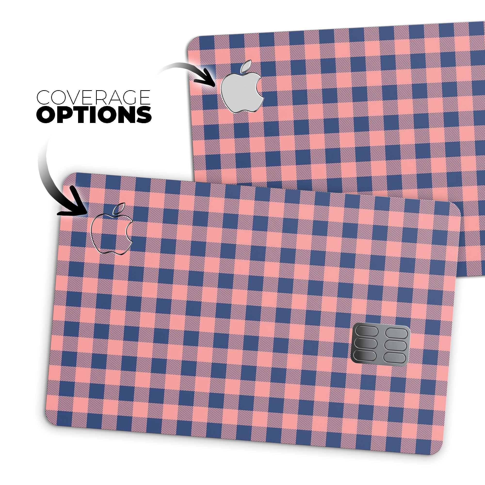 Coral and navy plaid pattern protective decal skin for Apple Card, showcasing its stylish design and premium quality.