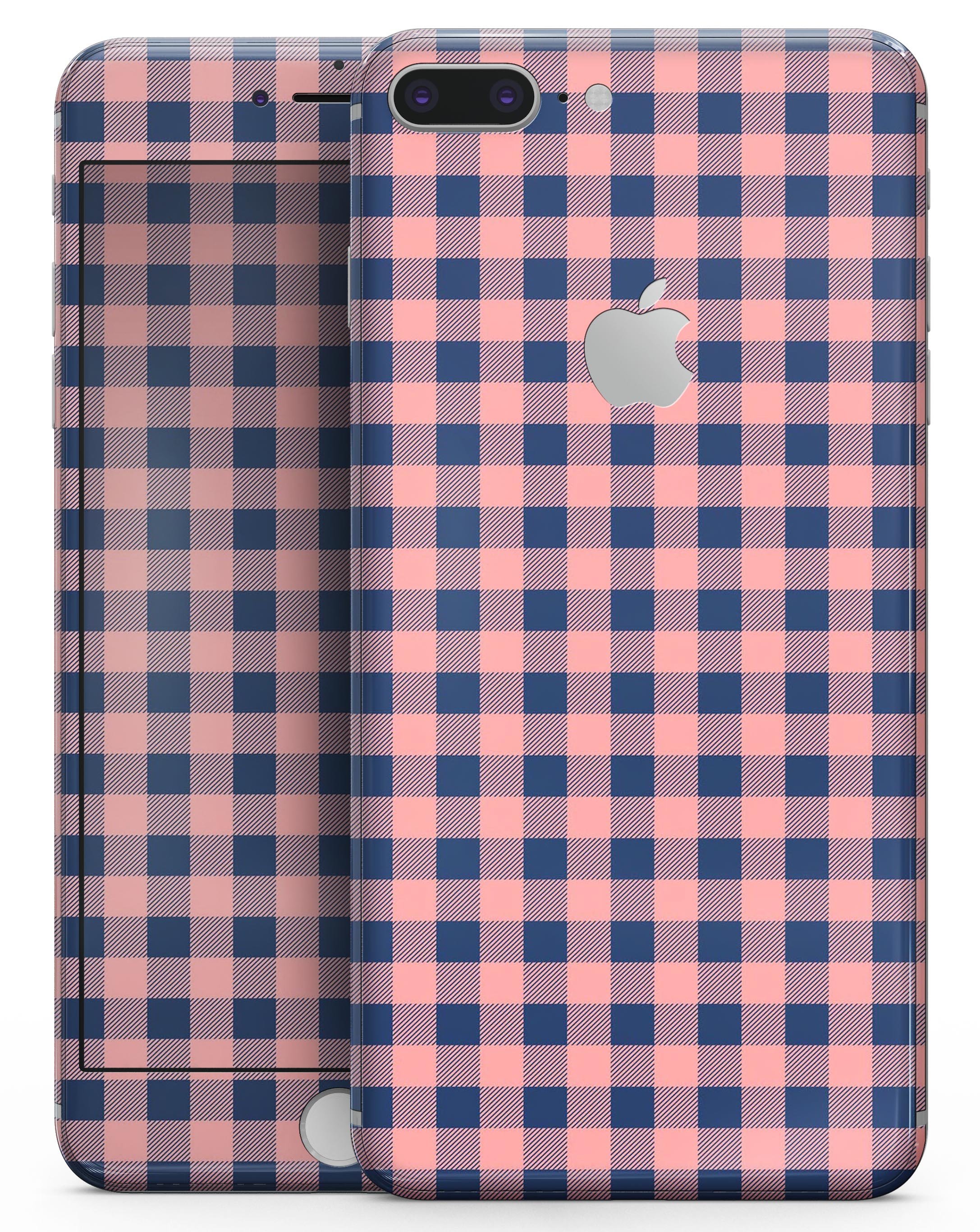 Coral and navy plaid pattern skin for iPhone 8 or 8 Plus, showcasing vibrant colors and stylish design.