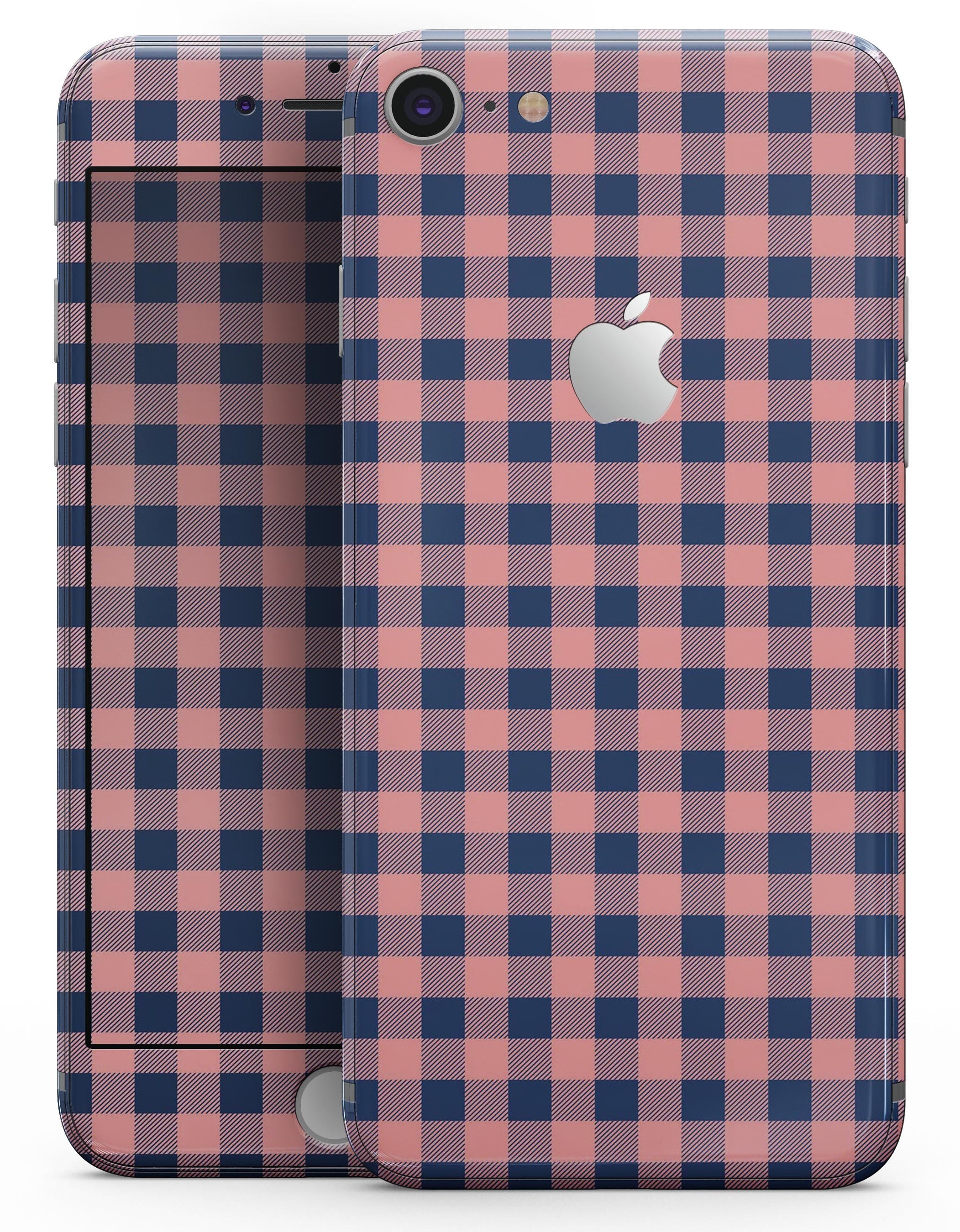 Coral and navy plaid pattern skin for iPhone 8 or 8 Plus, showcasing vibrant colors and stylish design.