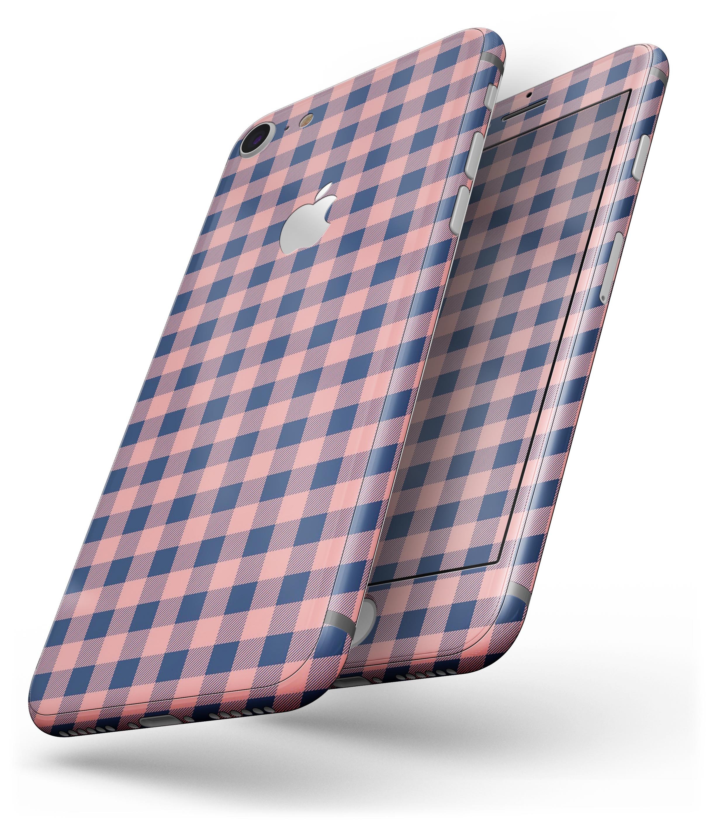 Coral and navy plaid pattern skin for iPhone 8 or 8 Plus, showcasing vibrant colors and stylish design.