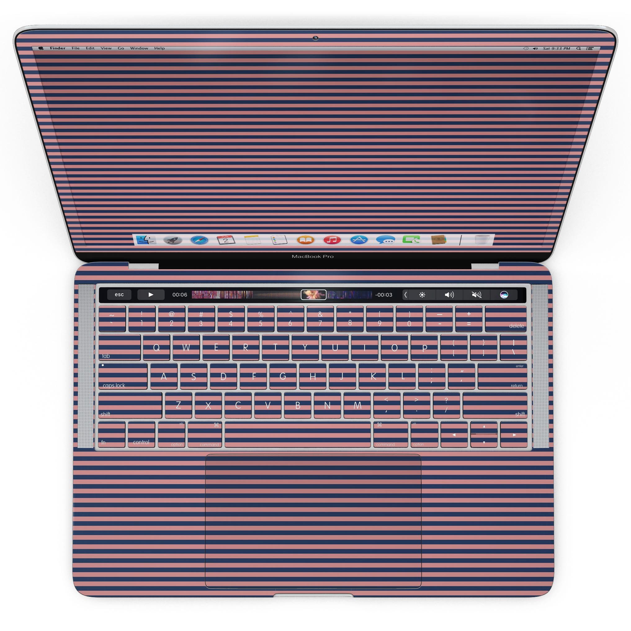 Coral and Nay Horizontal Lines skin kit for MacBook Pro with Touch Bar, showcasing vibrant colors and stylish design.