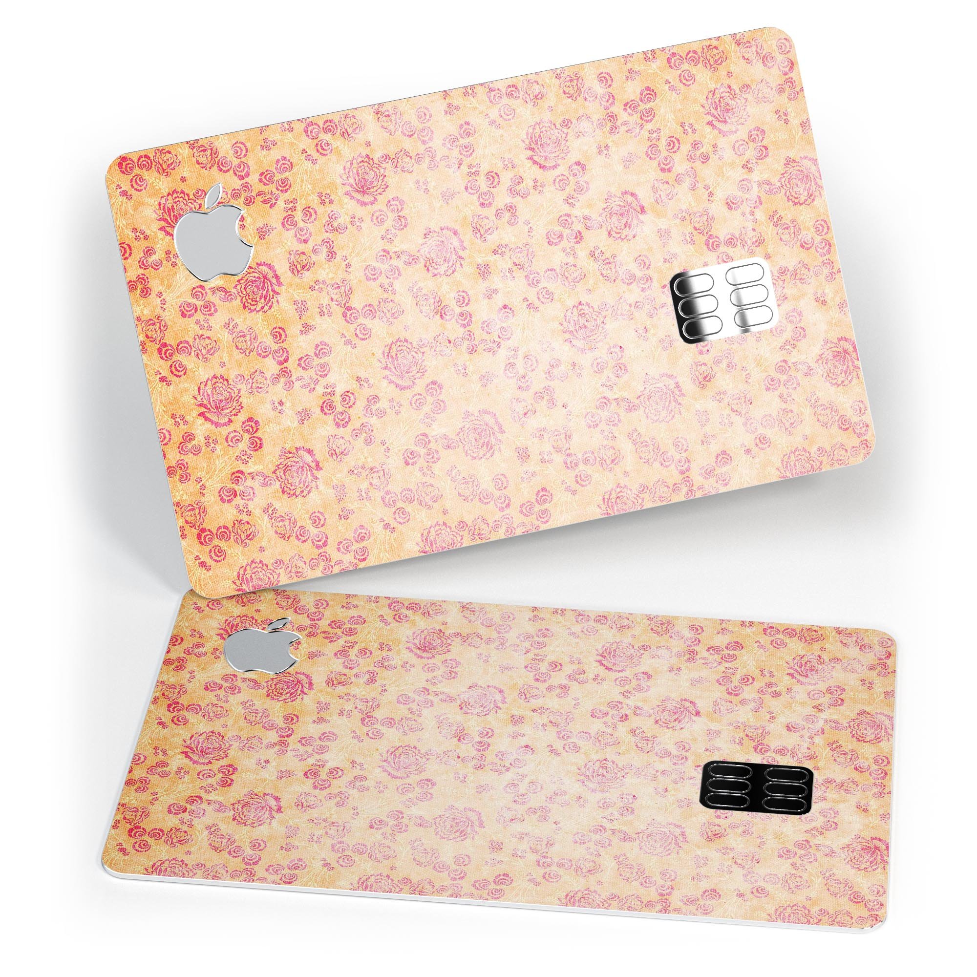 Coral and pink faded flower field decal skin for Apple Card, showcasing vibrant floral design and premium vinyl material.