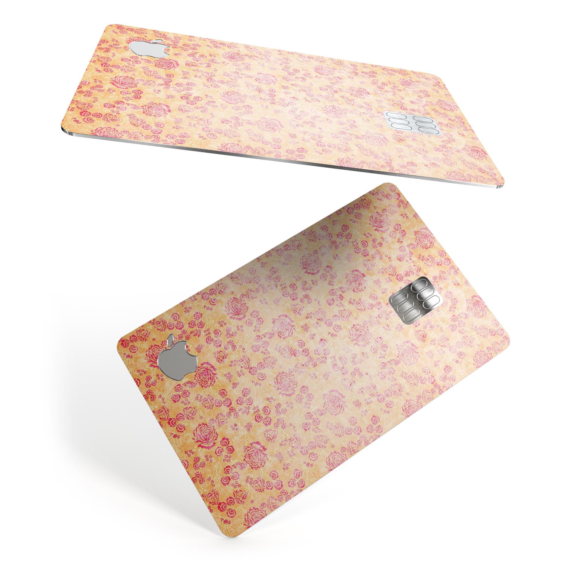 Coral and pink faded flower field decal skin for Apple Card, showcasing vibrant floral design and premium vinyl material.